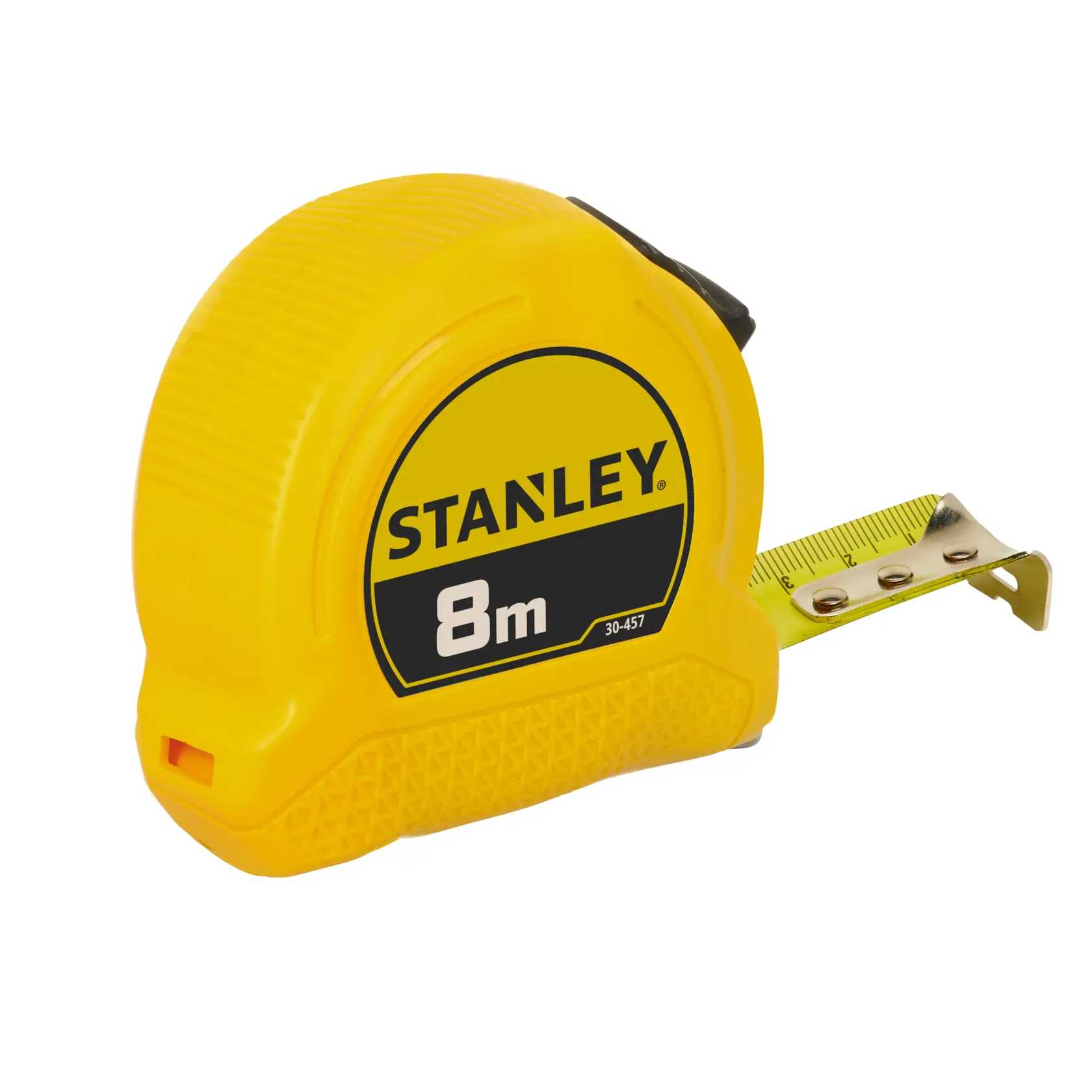 Stanley 8m gelbes Maßband mit Metallhaken zum Messen bei Bau- oder Heimwerkerprojekten.