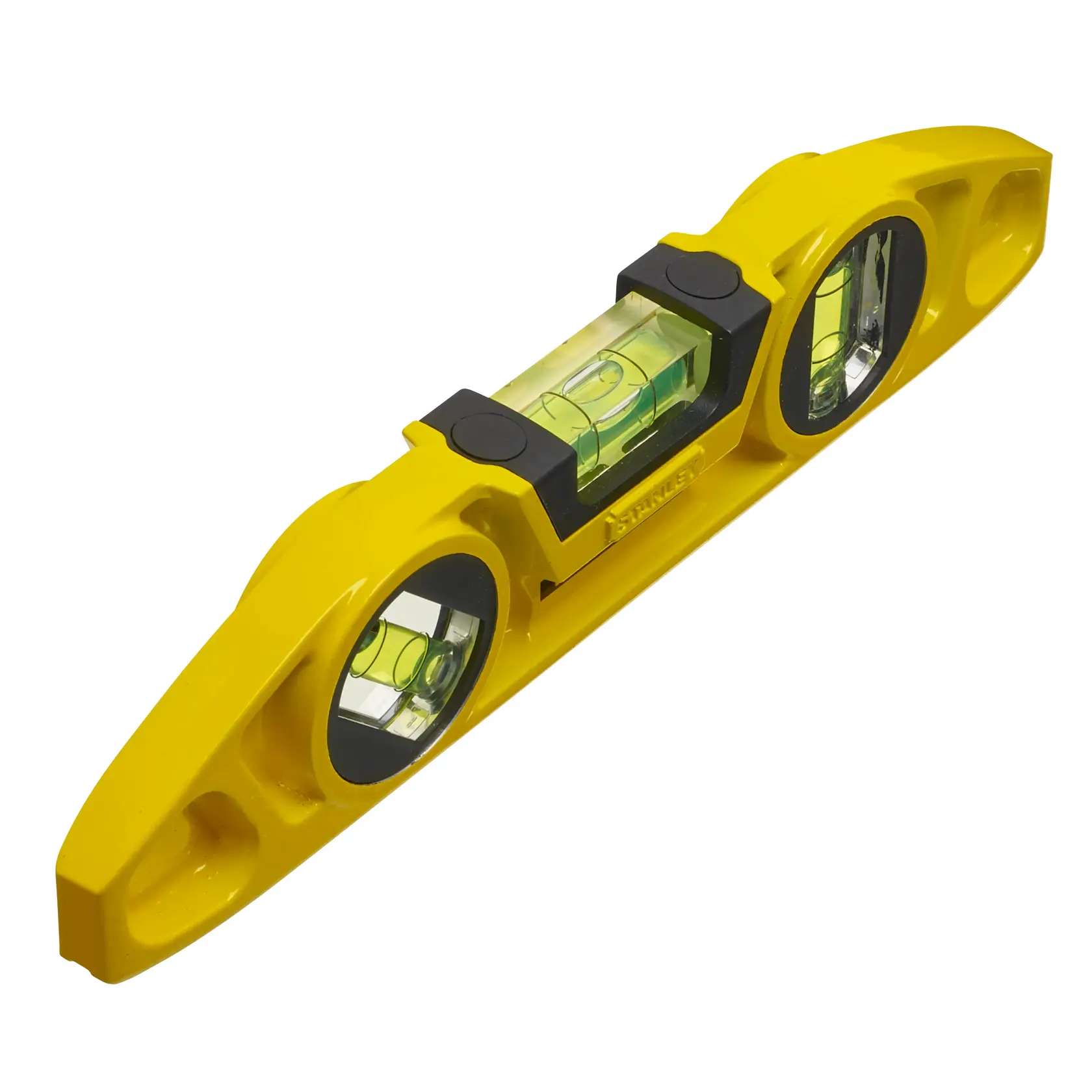Niveau à bulle jaune Stanley avec trois fioles pour mesurer l’alignement horizontal et vertical.
