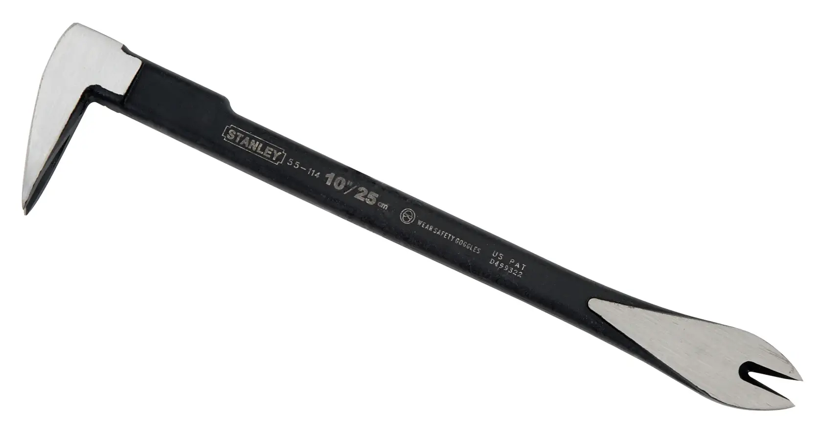 Outil Stanley 10" pied-de-biche avec griffe inclinée et extrémité plate pour démolition et retrait de clous.