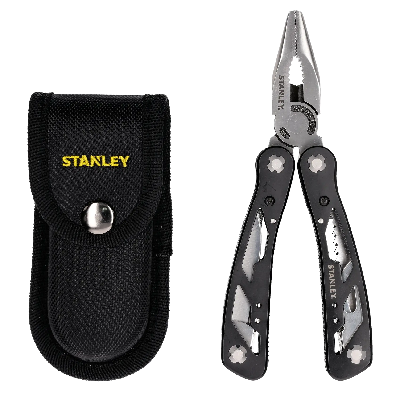 STANLEY 0-84-519 outil multifonction avec pince, couteau, tournevis et outils, finition argentée, vue de face.