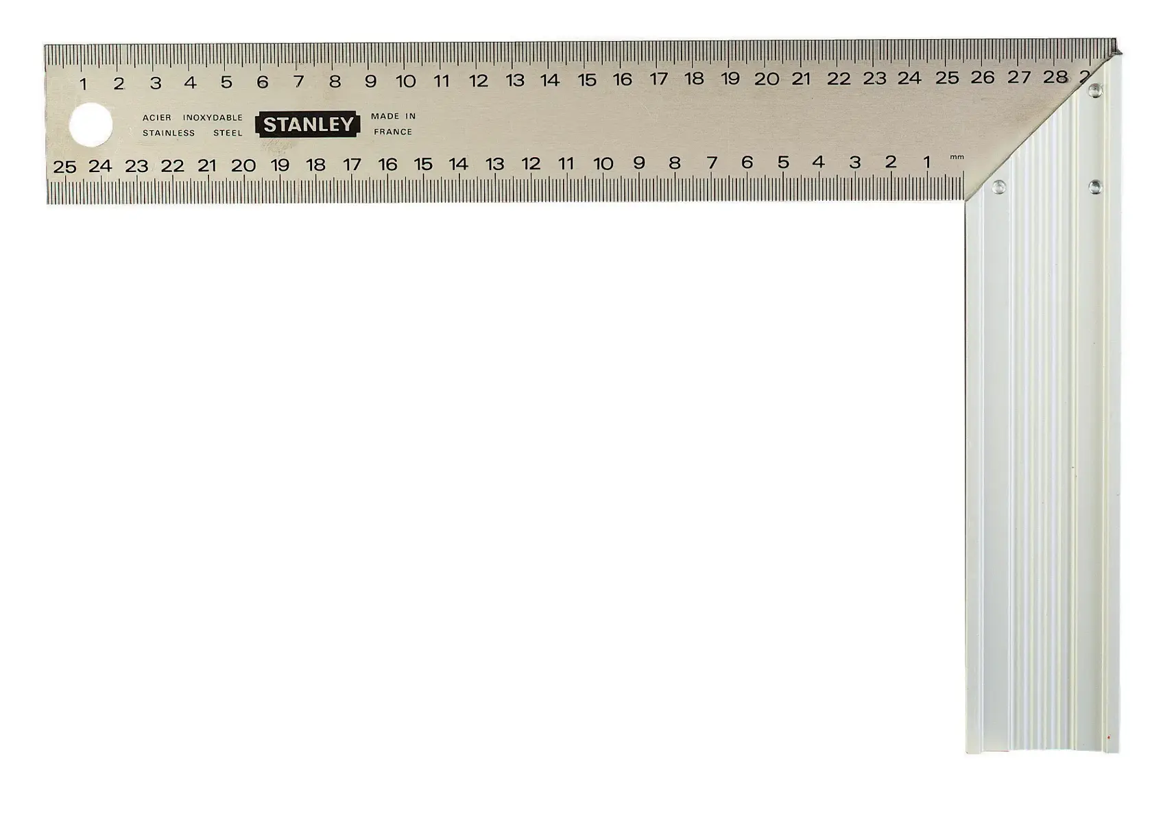 Équerre STANLEY 1-45-686 avec règle en acier inoxydable, graduations métriques claires, vue du dessus sur fond blanc.