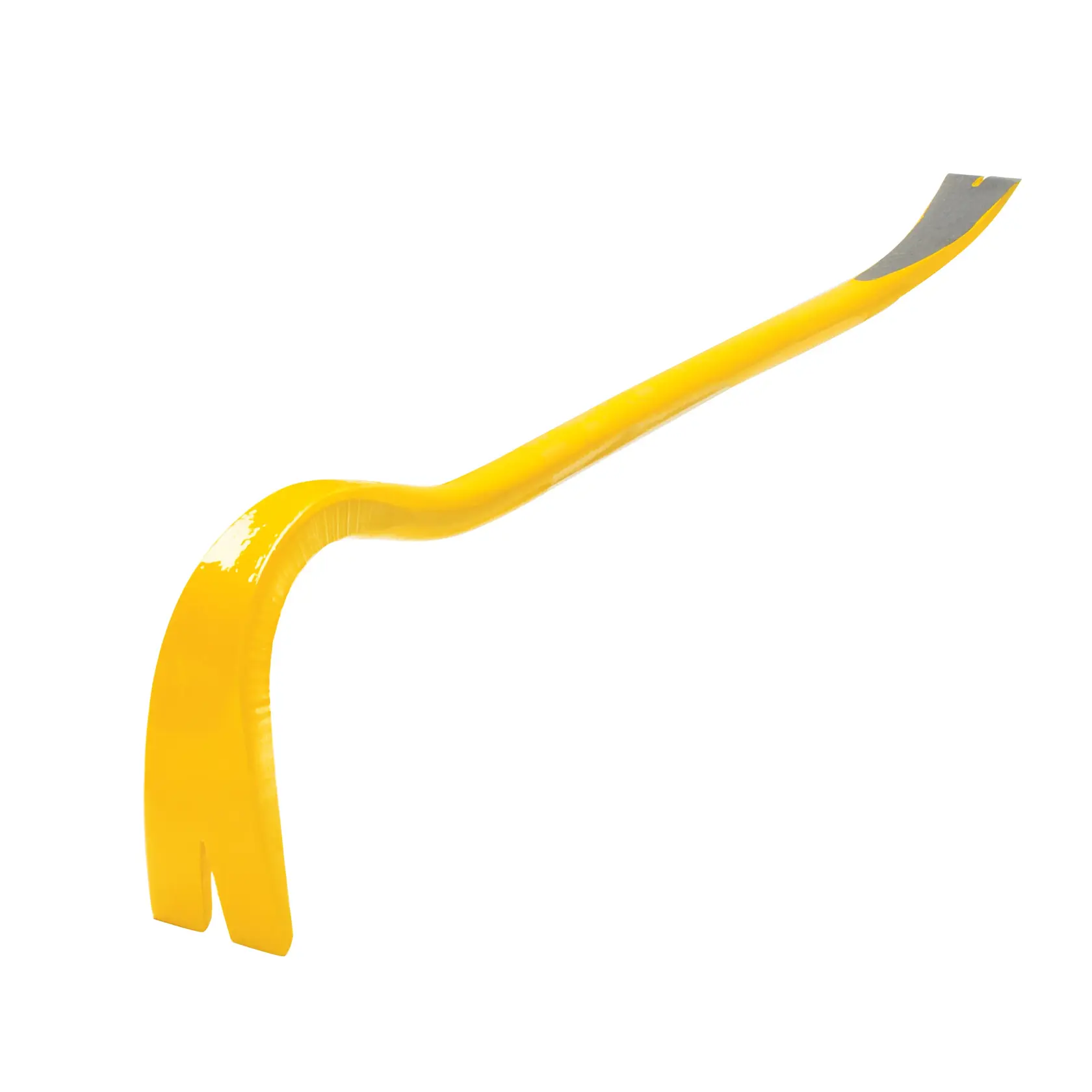 Pied-de-biche en métal jaune avec extrémité courbée et pointe plate, sur fond blanc.