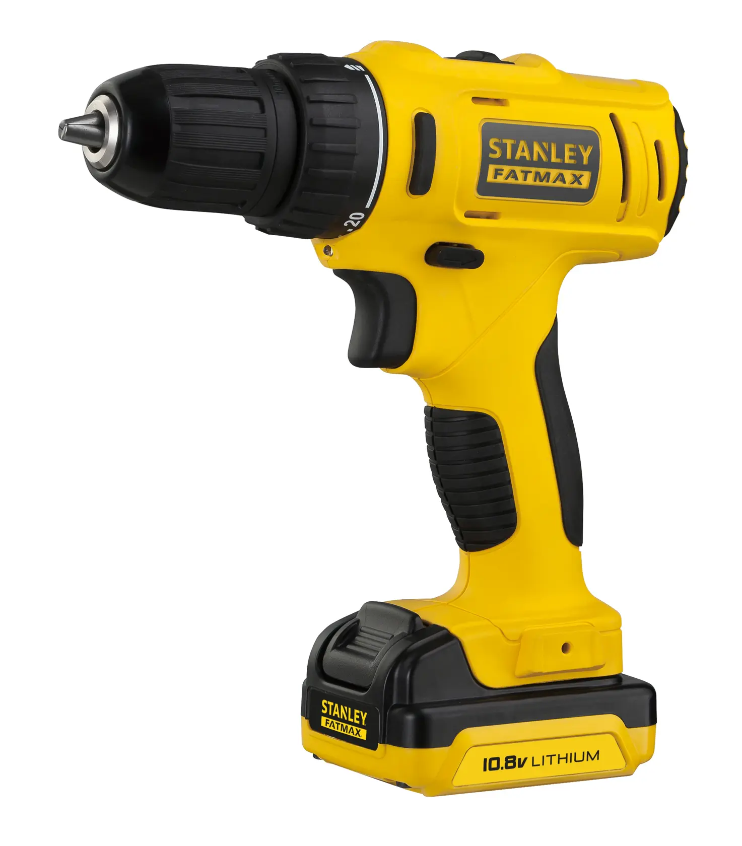 Perceuse sans fil STANLEY FMC011S2, jaune et noire, vue latérale, avec batterie lithium 10,8V.