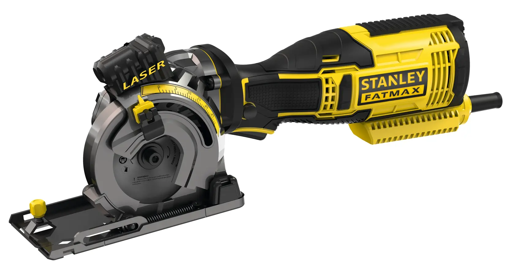 Kit scie circulaire Stanley Fatmax avec coffret, trois lames, flexible et accessoires sur fond blanc.