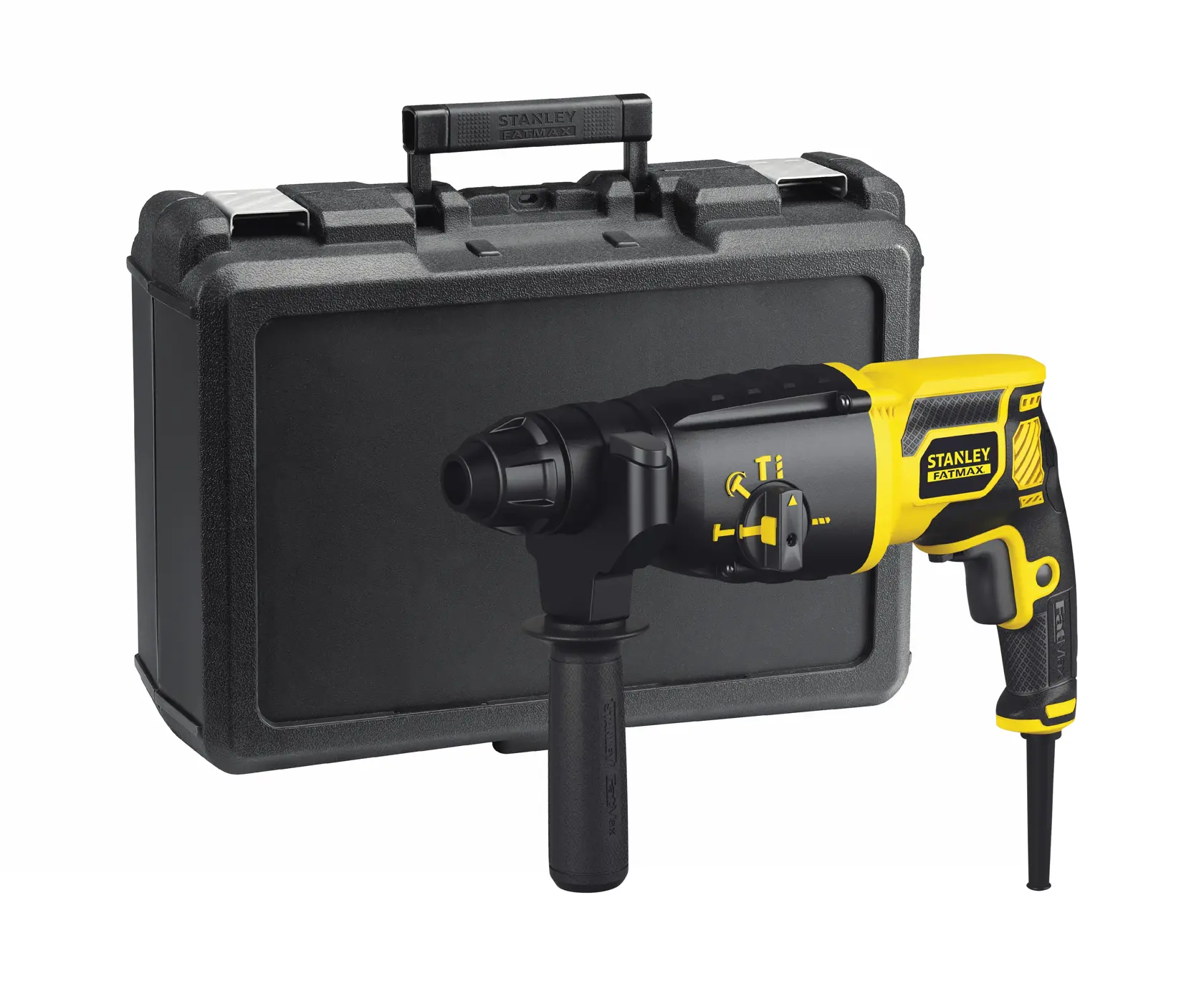 Marteau perforateur STANLEY FME500K avec poignée latérale, jaune et noir, présenté avec une mallette noire, vue de face.