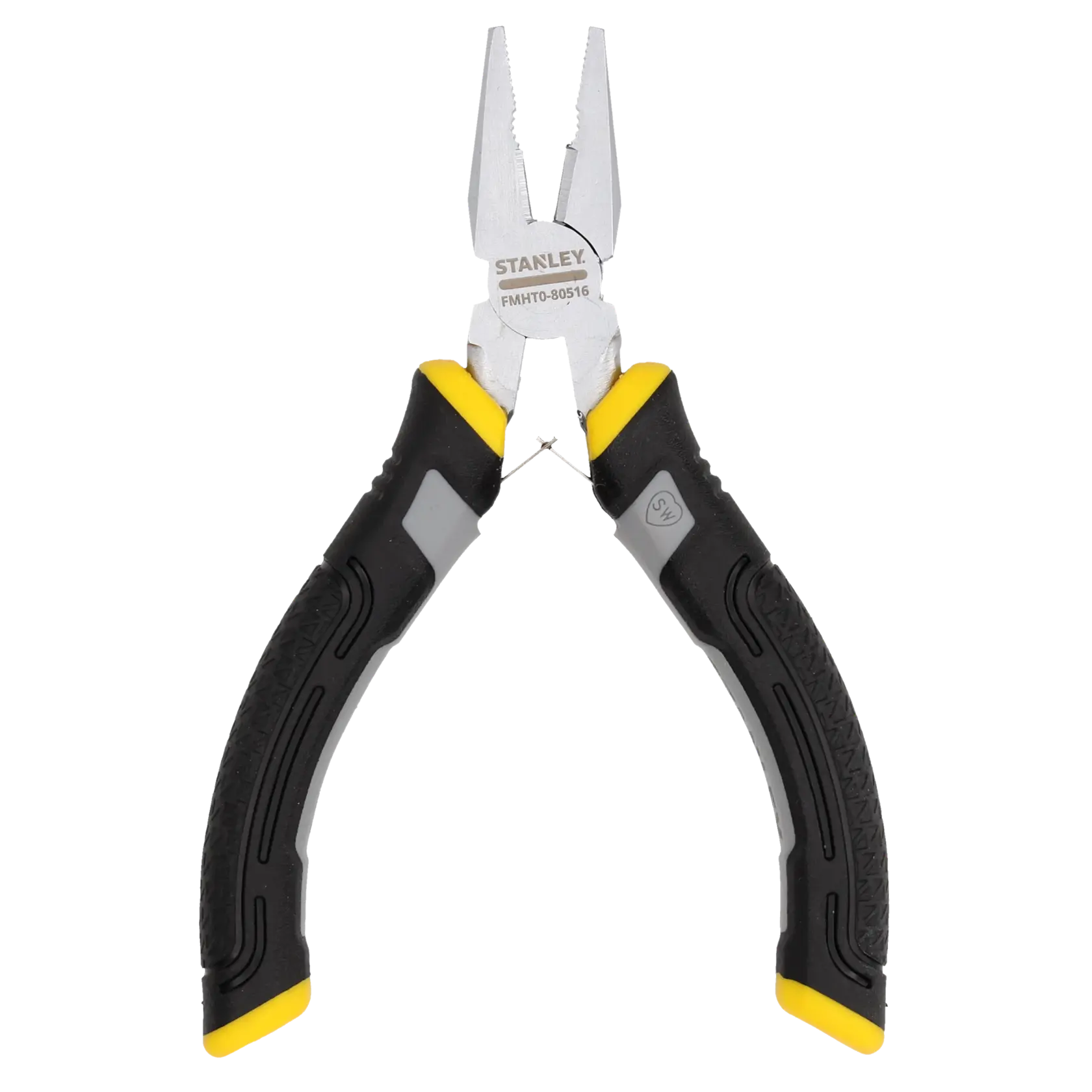STANLEY FMHT0-80516 pliers with black and yellow ergonomic handles, side view, on white background.