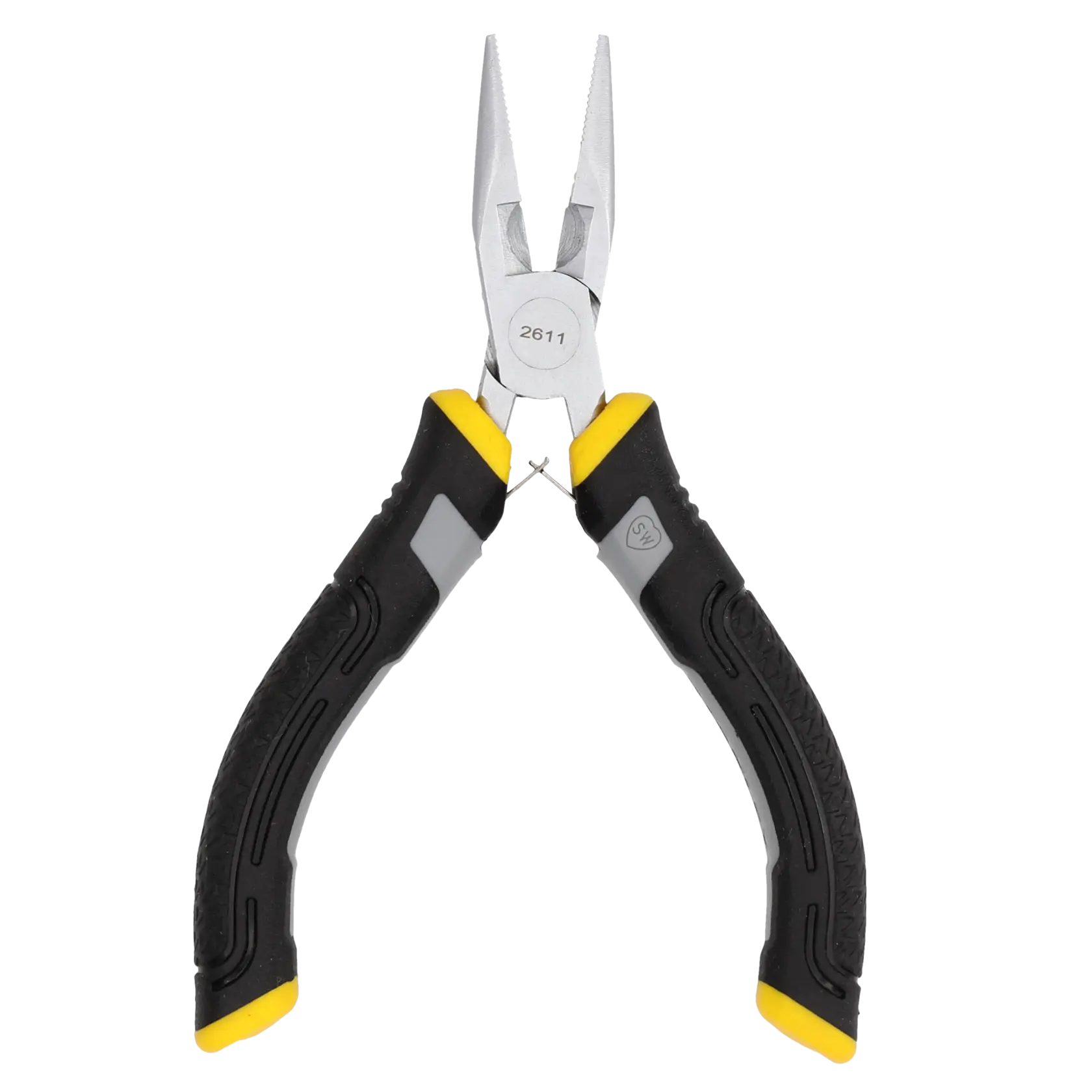 Stanley long nose pliers with black and yellow handles, designed for precision gripping and cutting.