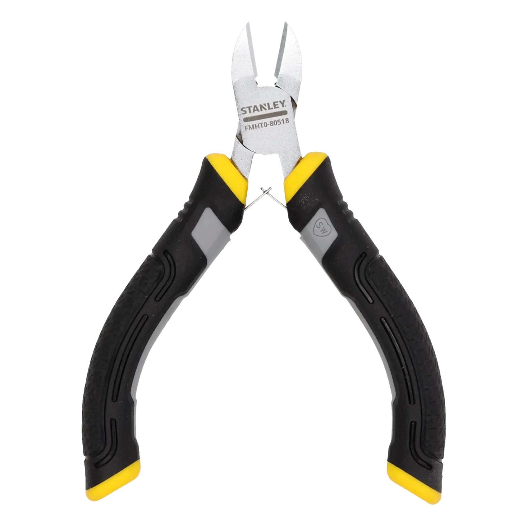 Stanley FMHT0-80518 diagonal cutting pliers with black and yellow handles, for cutting wire.