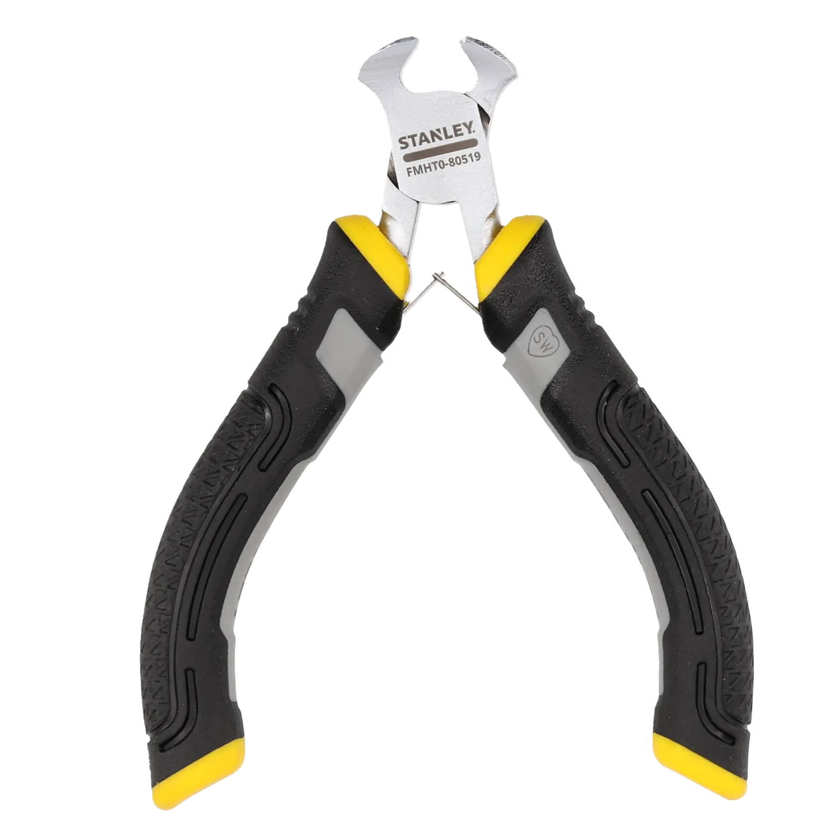 Stanley FMHT0-80519 Drahtschneider mit ergonomischen schwarzen, grauen und gelben Griffen auf weißem Hintergrund.