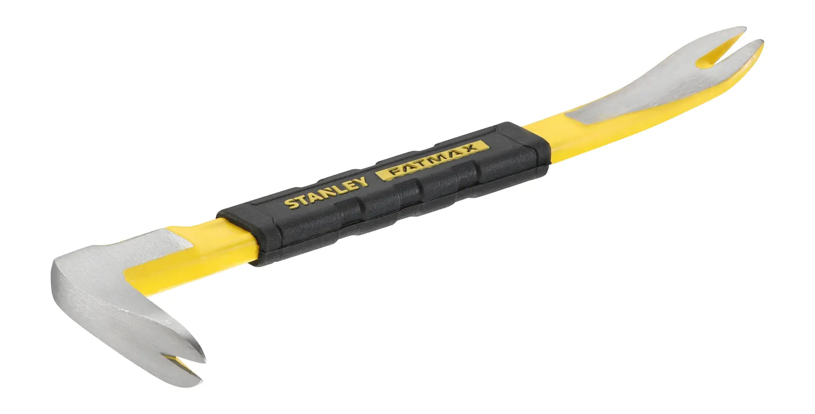 Pied-de-biche Stanley FatMax jaune avec poignée noire et deux extrémités en métal pour enlever des clous.