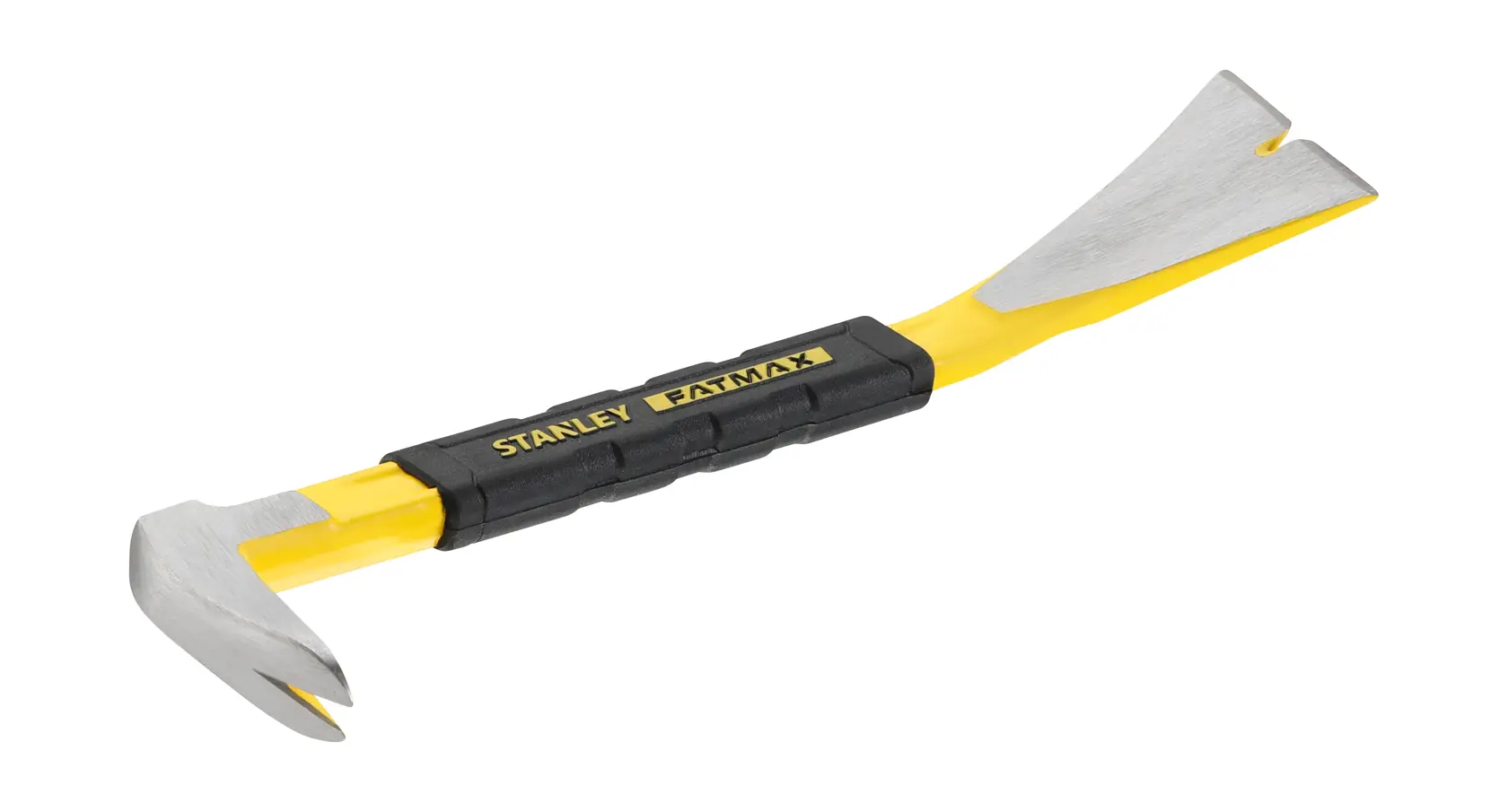 Photo du pied-de-biche plat STANLEY FMHT1-55009 avec poignée jaune et noire, extrémités métalliques, sur fond blanc.