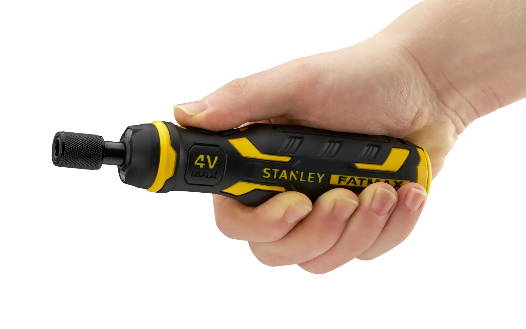 STANLEY FMHT66719-0 tournevis sans fil noir et jaune tenu en main, vue latérale, photographie.