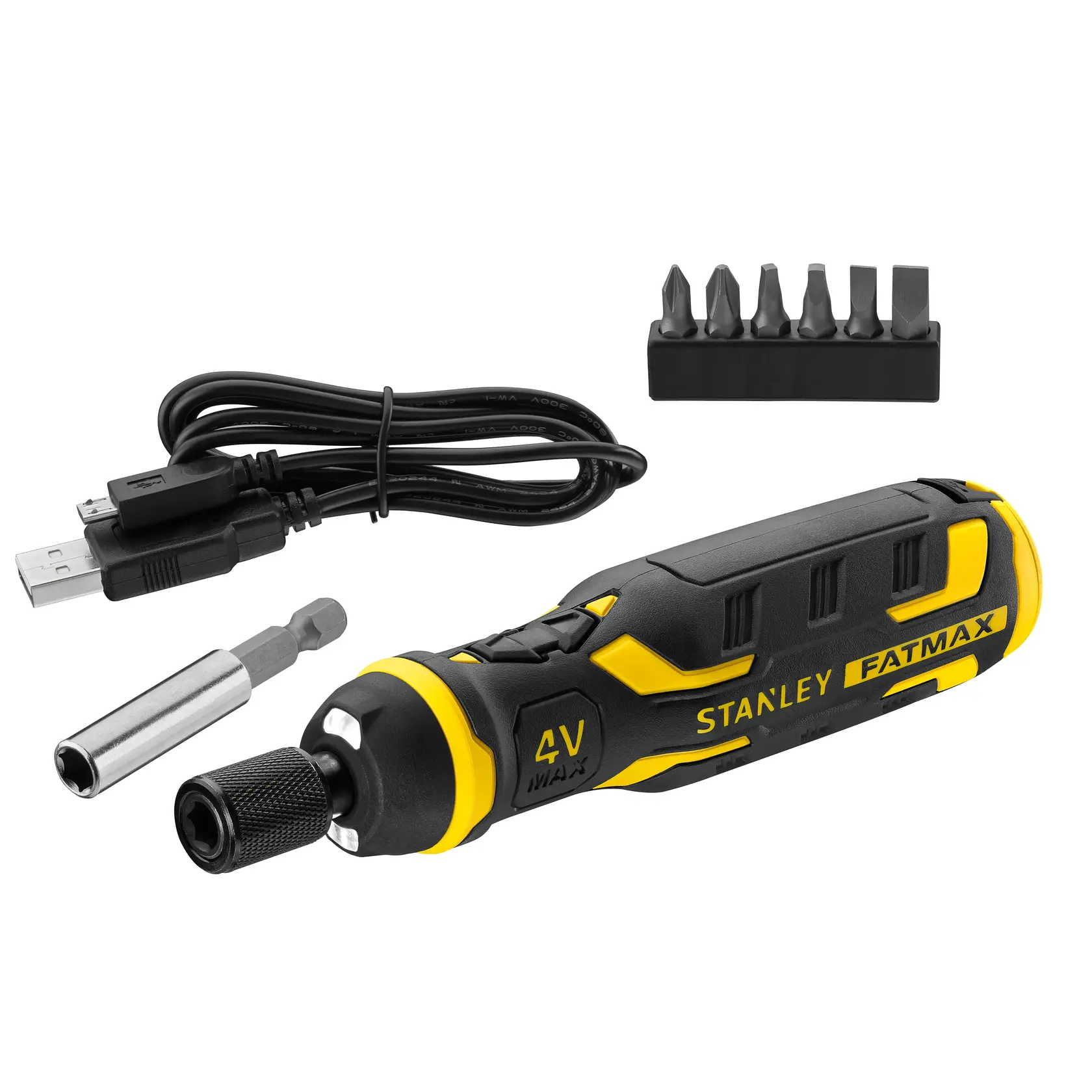 Stanley FMHT66719-0 tournevis électrique avec embouts, chargeur et câble USB, vue latérale fond blanc.