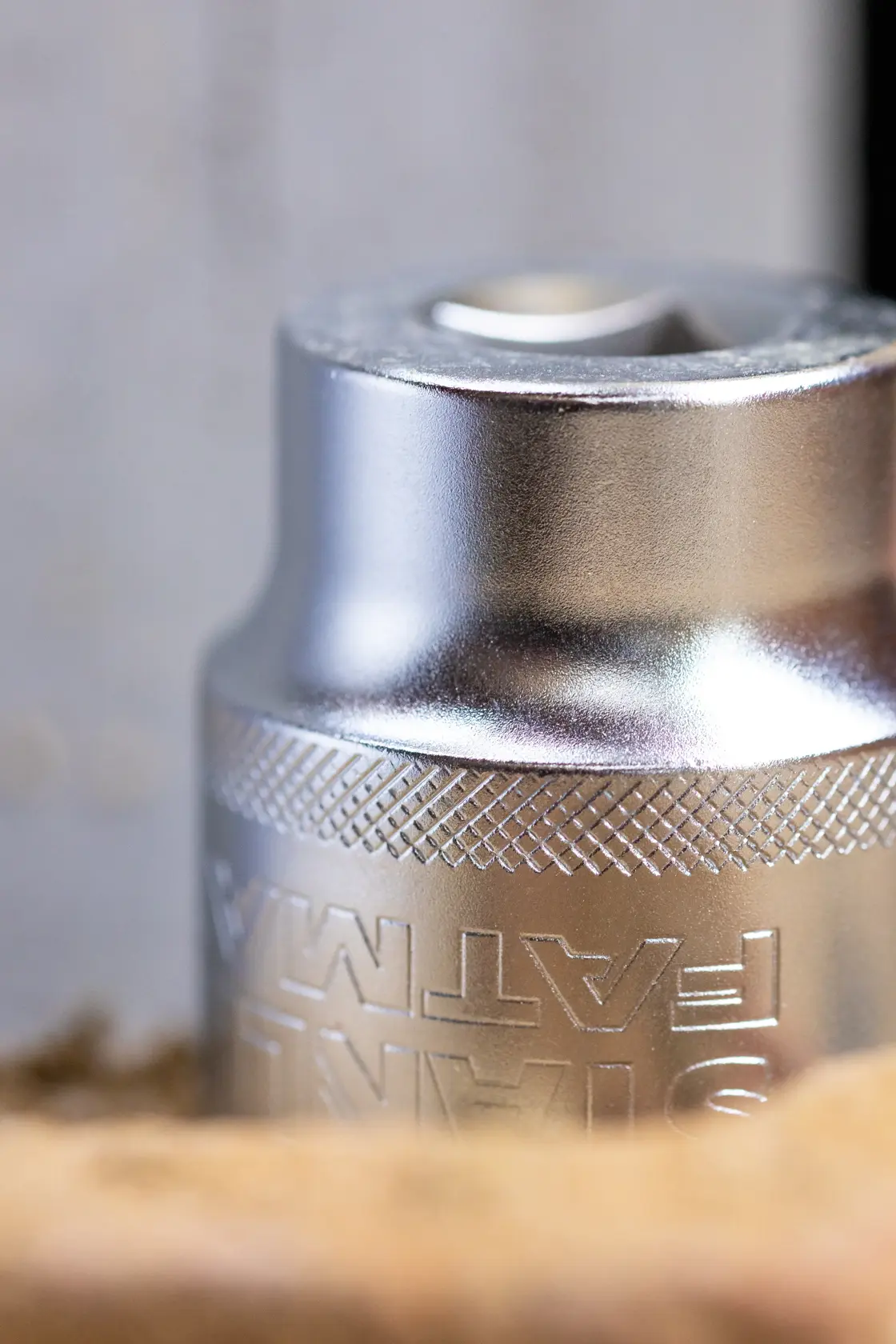 Photo of STANLEY FMMT17210-0 chrome socket tool close-up with knurled grip.