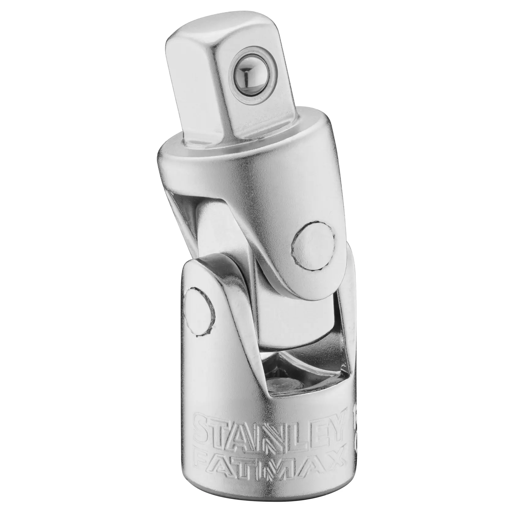 STANLEY FMMT18011-0 verchromter Universal-Gelenkadapter, aufrechter Winkel, Fotografie vor weißem Hintergrund.