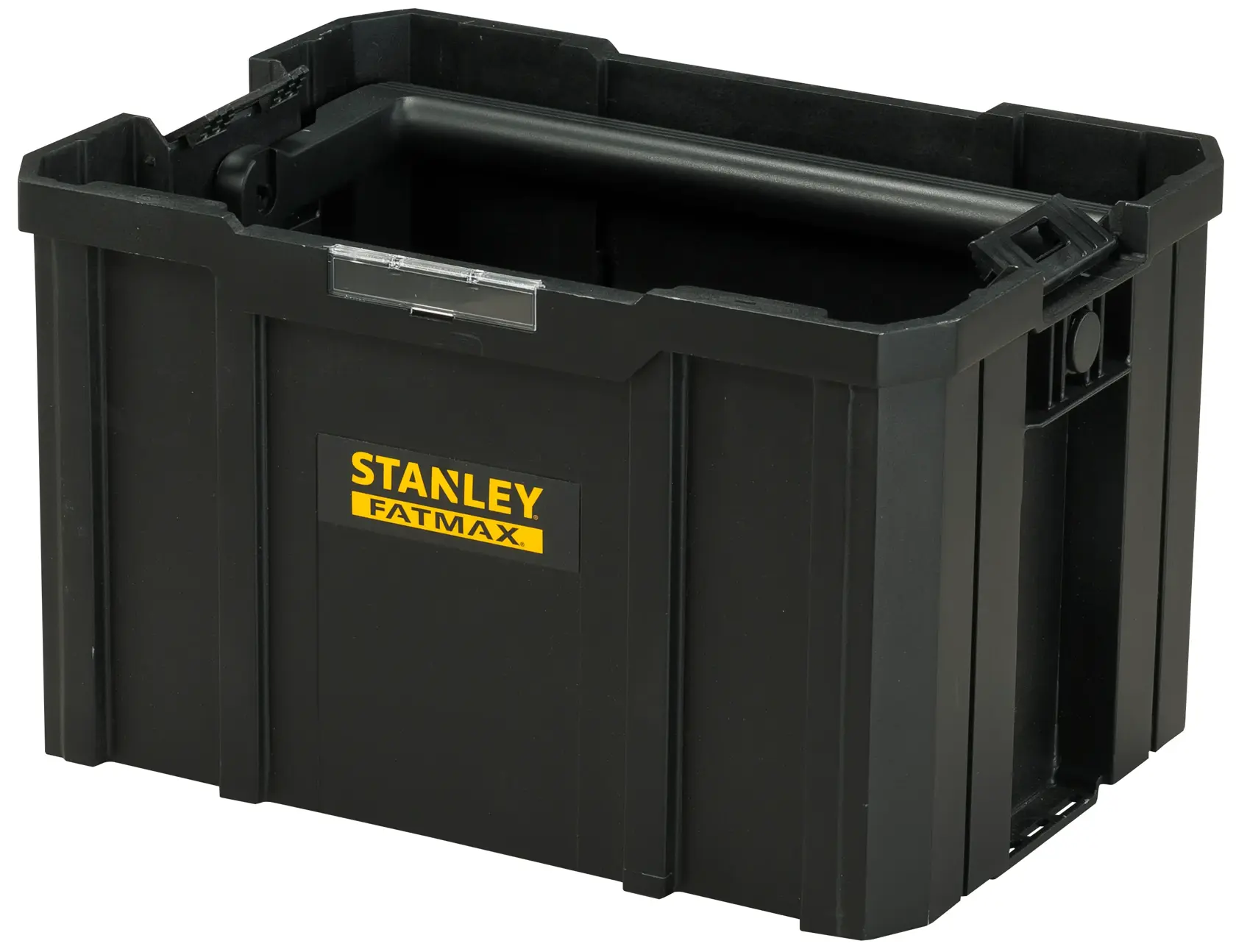 STANLEY FMST1-75794 schwarze stapelbare Kunststoff-Aufbewahrungsbox, Vorderansicht, mit gelbem FATMAX-Logo.