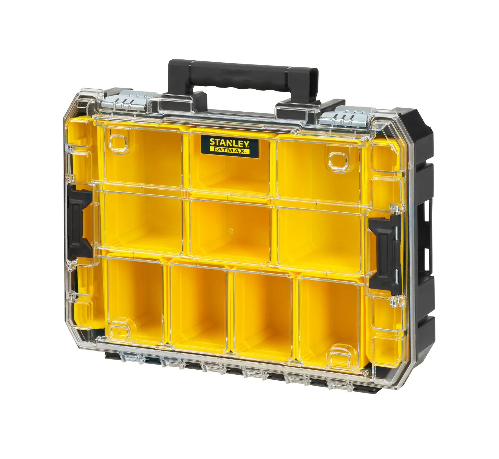 STANLEY FMST82967-1 boîte organisatrice jaune avec couvercle transparent et poignée noire, vue avant.