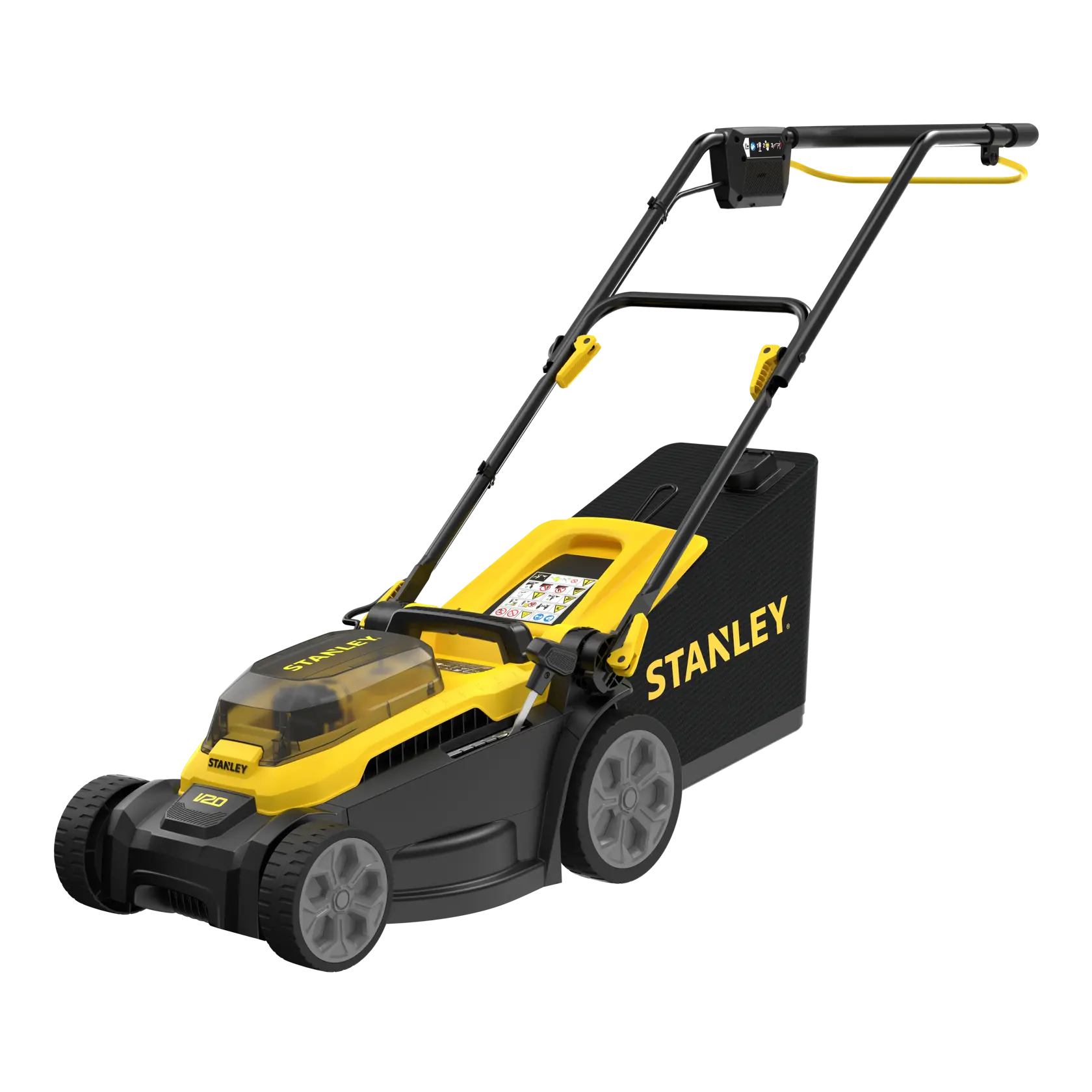 Tondeuse sans fil STANLEY SCMWP3401M1-XE, noire et jaune, vue latérale, avec bac de ramassage.