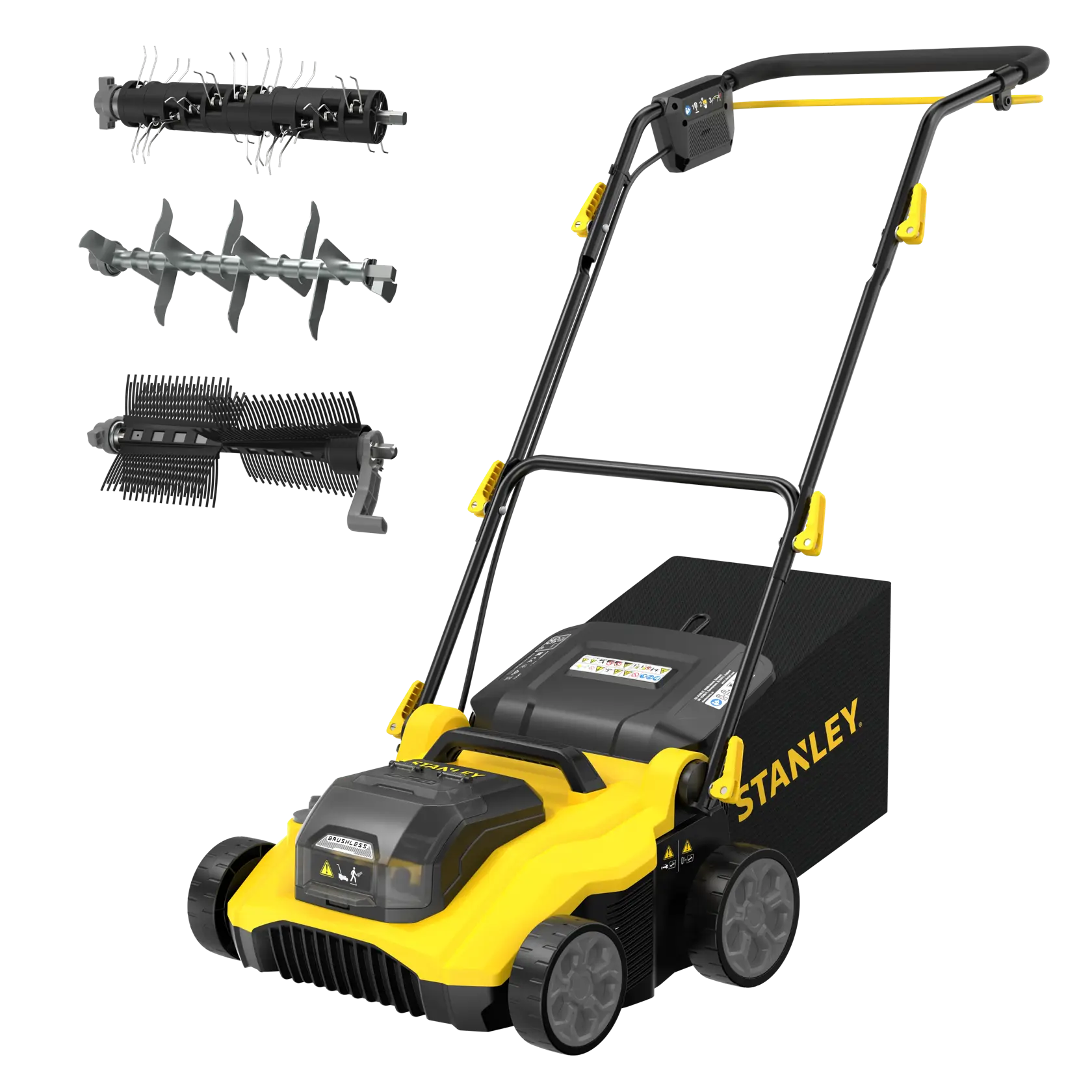 Scarificateur de pelouse STANLEY SCOEP3801N jaune et noir avec bac de ramassage arrière et trois lames interchangeables, vue frontale.