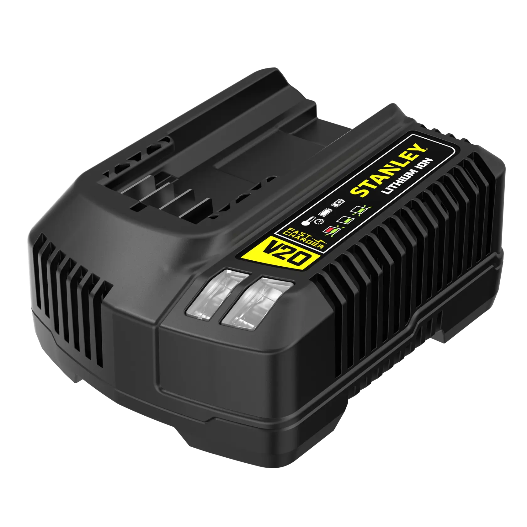 STANLEY SFMCB14 chargeur de batterie, noir, V20 Lithium-Ion, photographie en angle sur fond blanc.