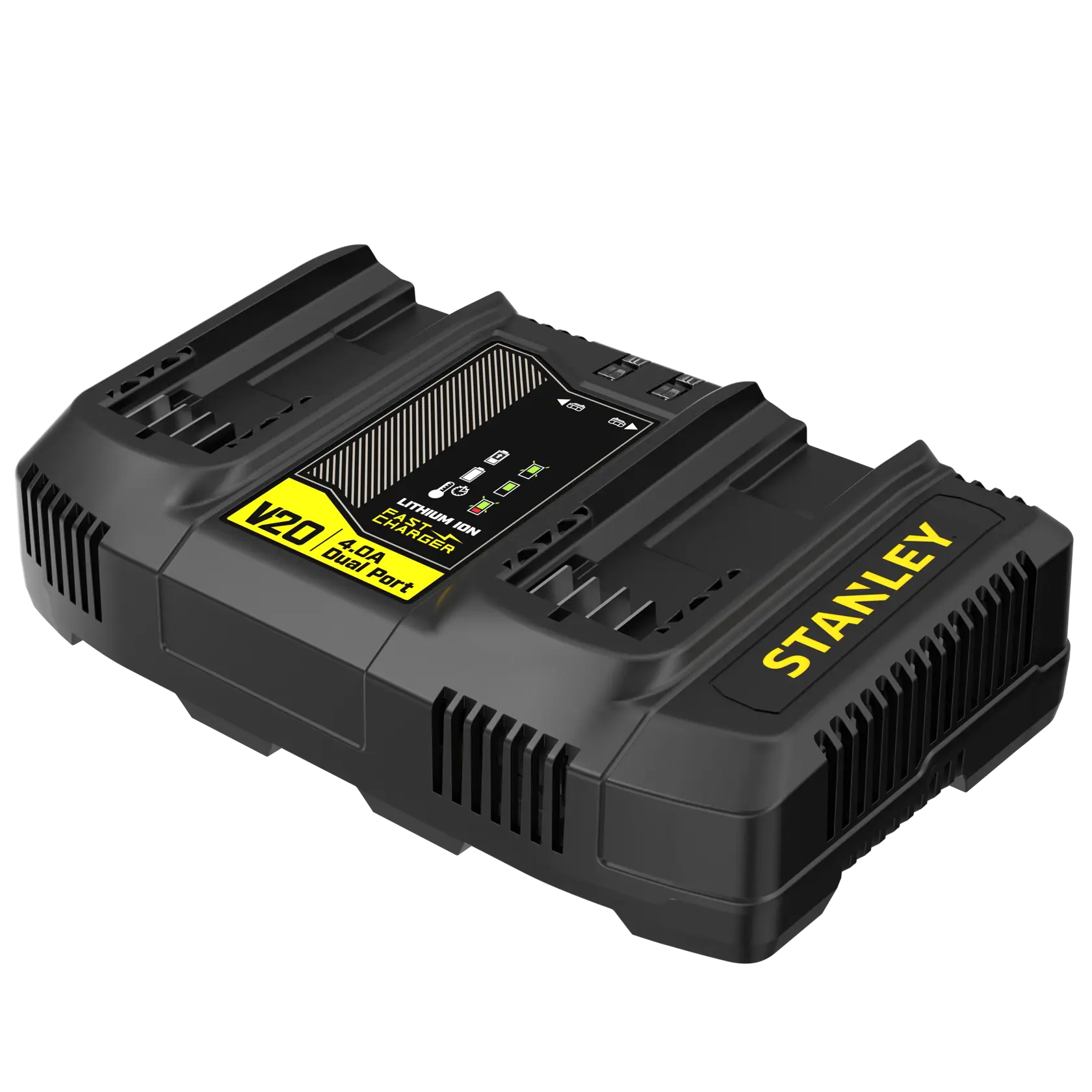 Photo du chargeur double port rapide STANLEY SFMCB24, noir avec étiquettes jaunes, vu de face sur fond blanc.
