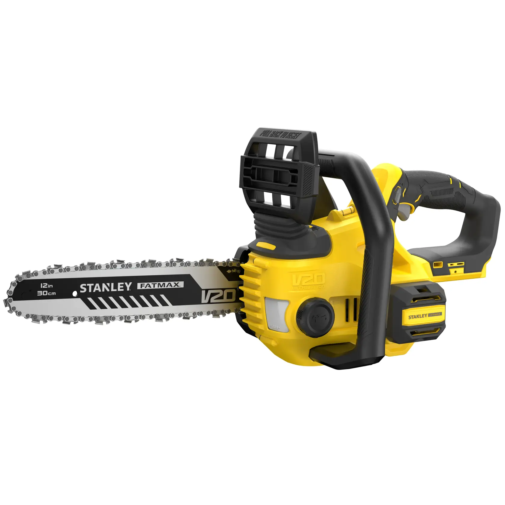 STANLEY SFMCCS630B tronçonneuse sans fil jaune et noire, guide de 30 cm, vue latérale du produit sur fond blanc.