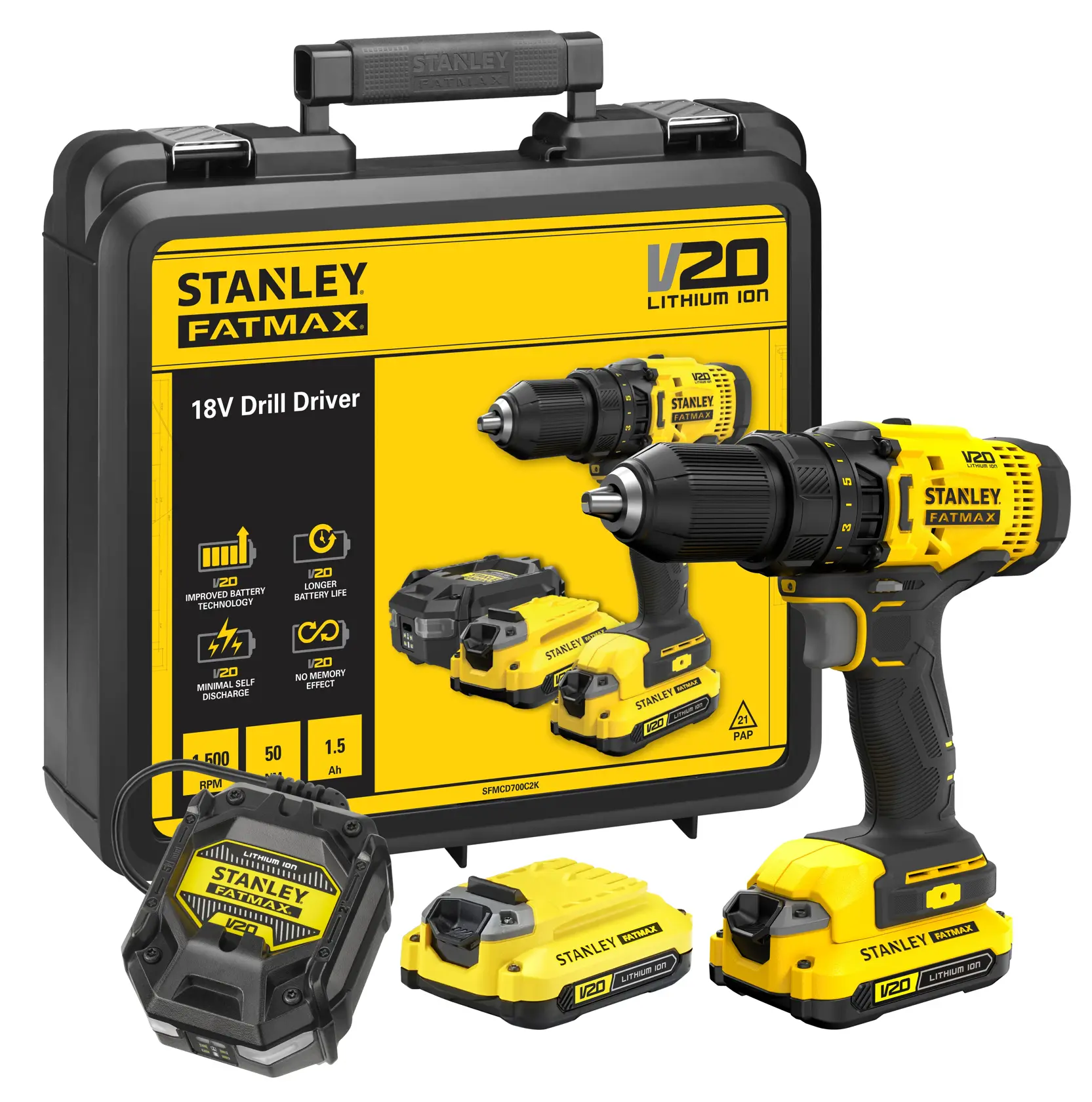 STANLEY SFMCD700C2K perceuse sans fil, jaune et noire, photo latérale, V20 Lithium Ion.