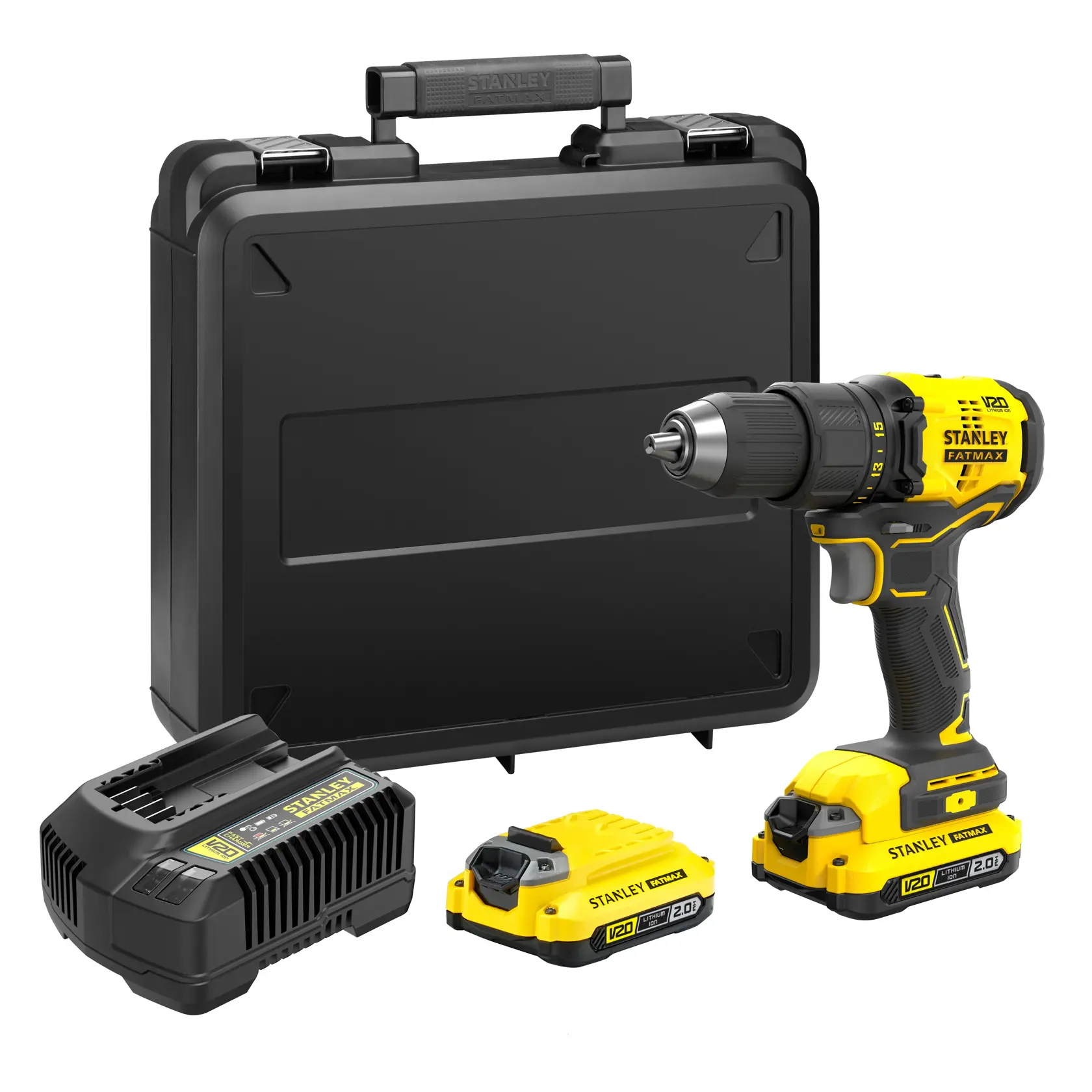 Kit de perceuse sans fil Stanley avec mallette, chargeur et deux batteries, adapté aux travaux de perçage.
