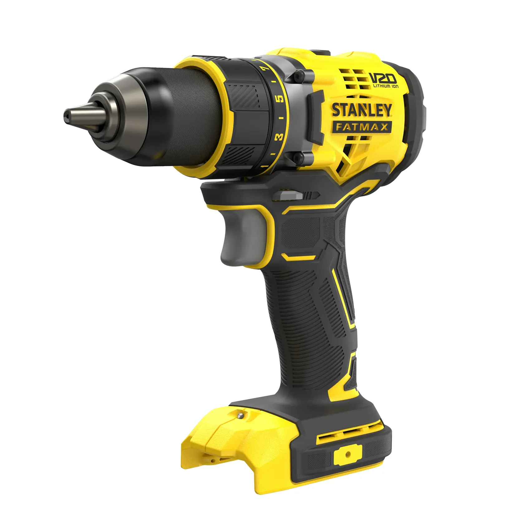 Perceuse sans fil STANLEY SFMCD720B, jaune et noire, vue de côté droit sur fond blanc.