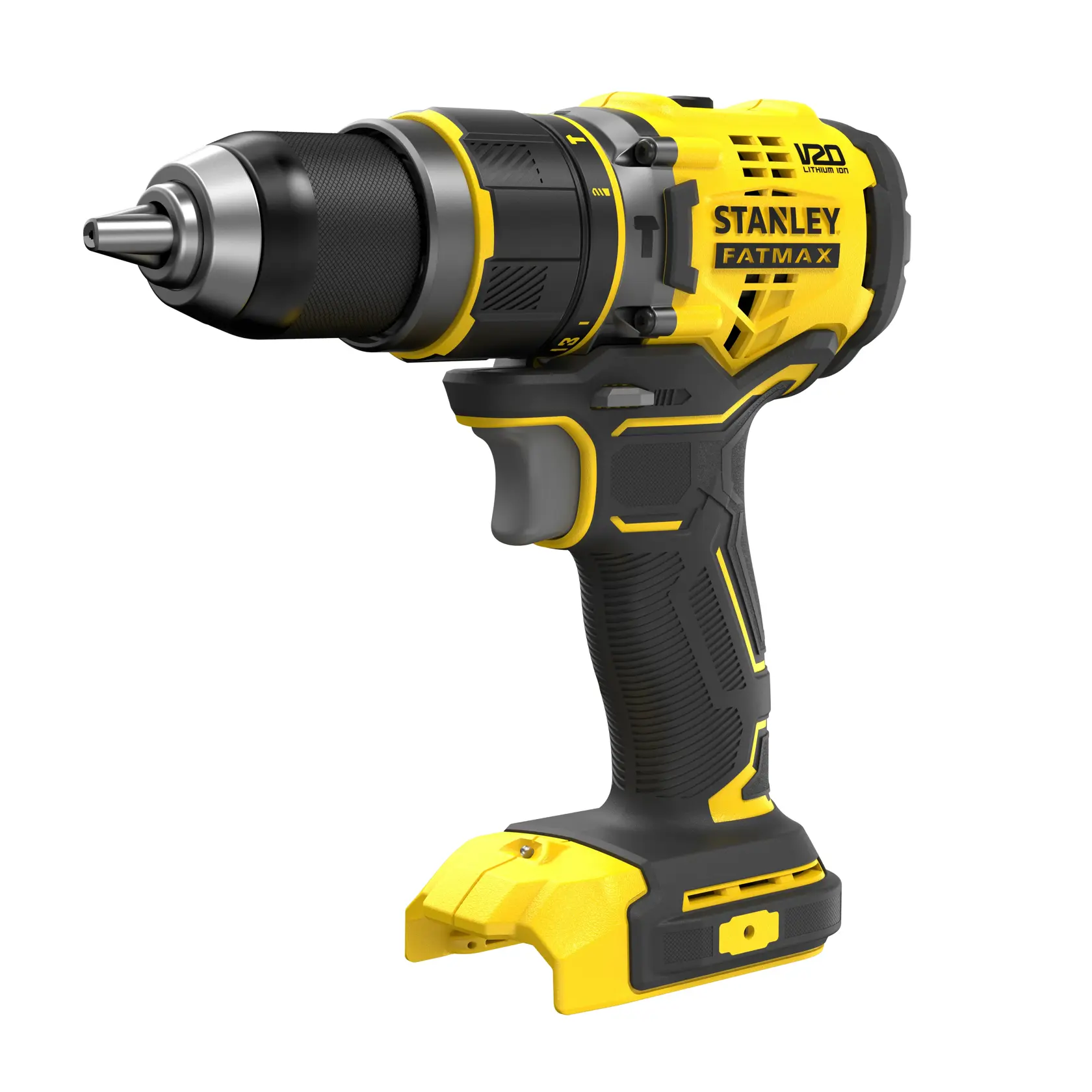 Perceuse-visseuse sans fil Stanley SFMCD721B, jaune et noire, vue latérale, avec poignée et mandrin sans clé.