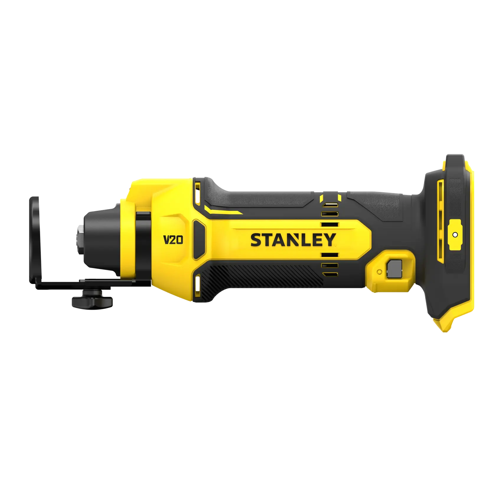 STANLEY SFMCE200B outil rotatif jaune et noir, vue latérale sur fond blanc.