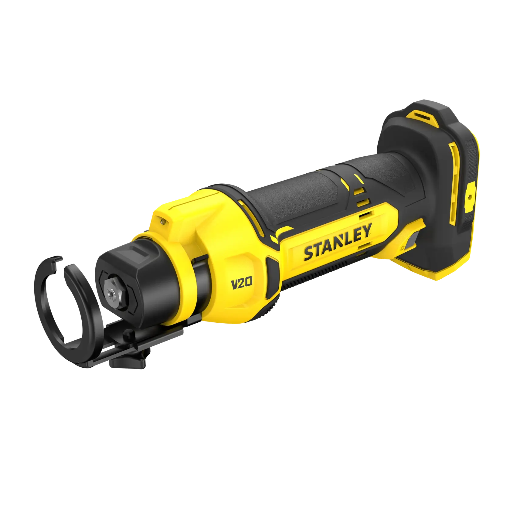 STANLEY SFMCE200B photographie d’outil rotatif sans fil jaune et noir, vue en angle sur fond blanc.
