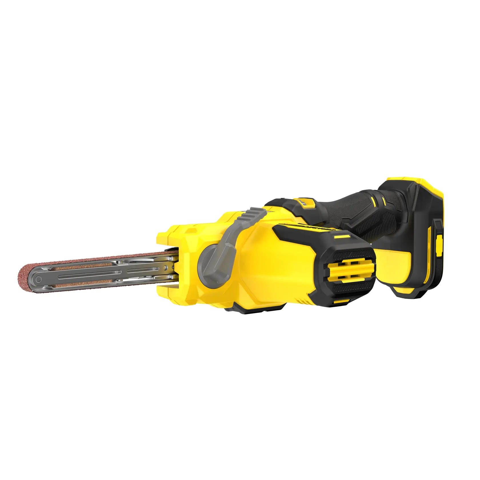 STANLEY SFMCE210B ponceuse à bande sans fil, jaune et noire, vue latérale sur fond blanc.