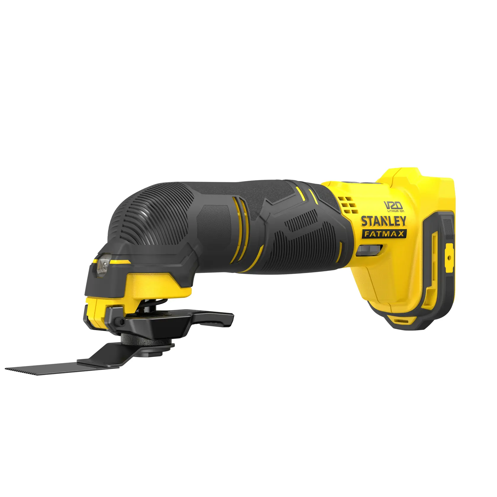 Photo de l’outil multifonction oscillant sans fil STANLEY SFMCE500B, noir et jaune, vue angle droit sur fond blanc.