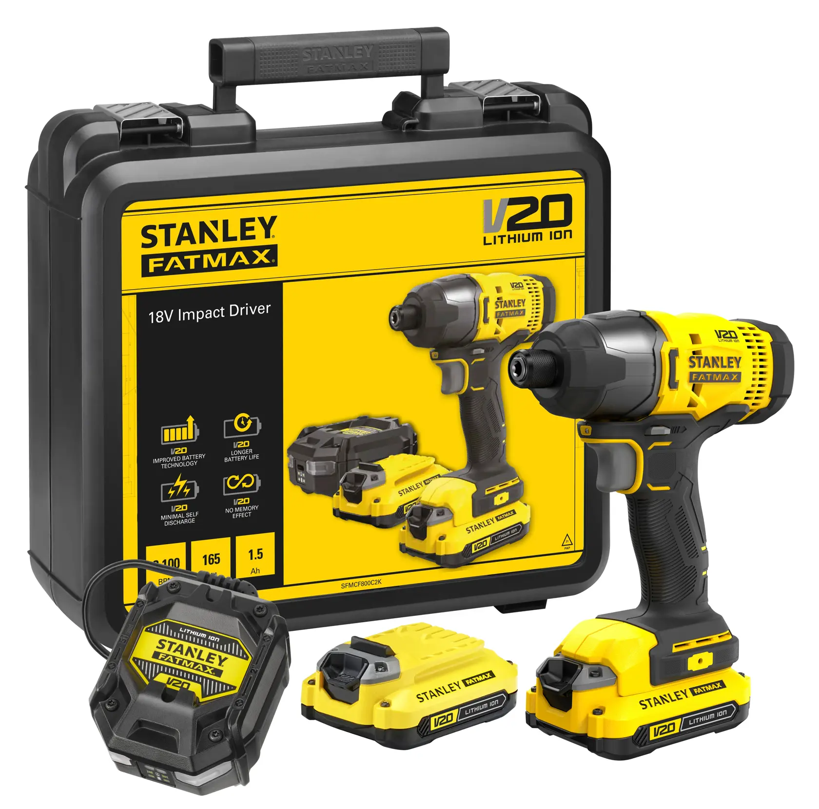STANLEY SFMCF800C2K kit de tournevis à percussion 18V jaune et noir, batteries et mallette, vue avant.