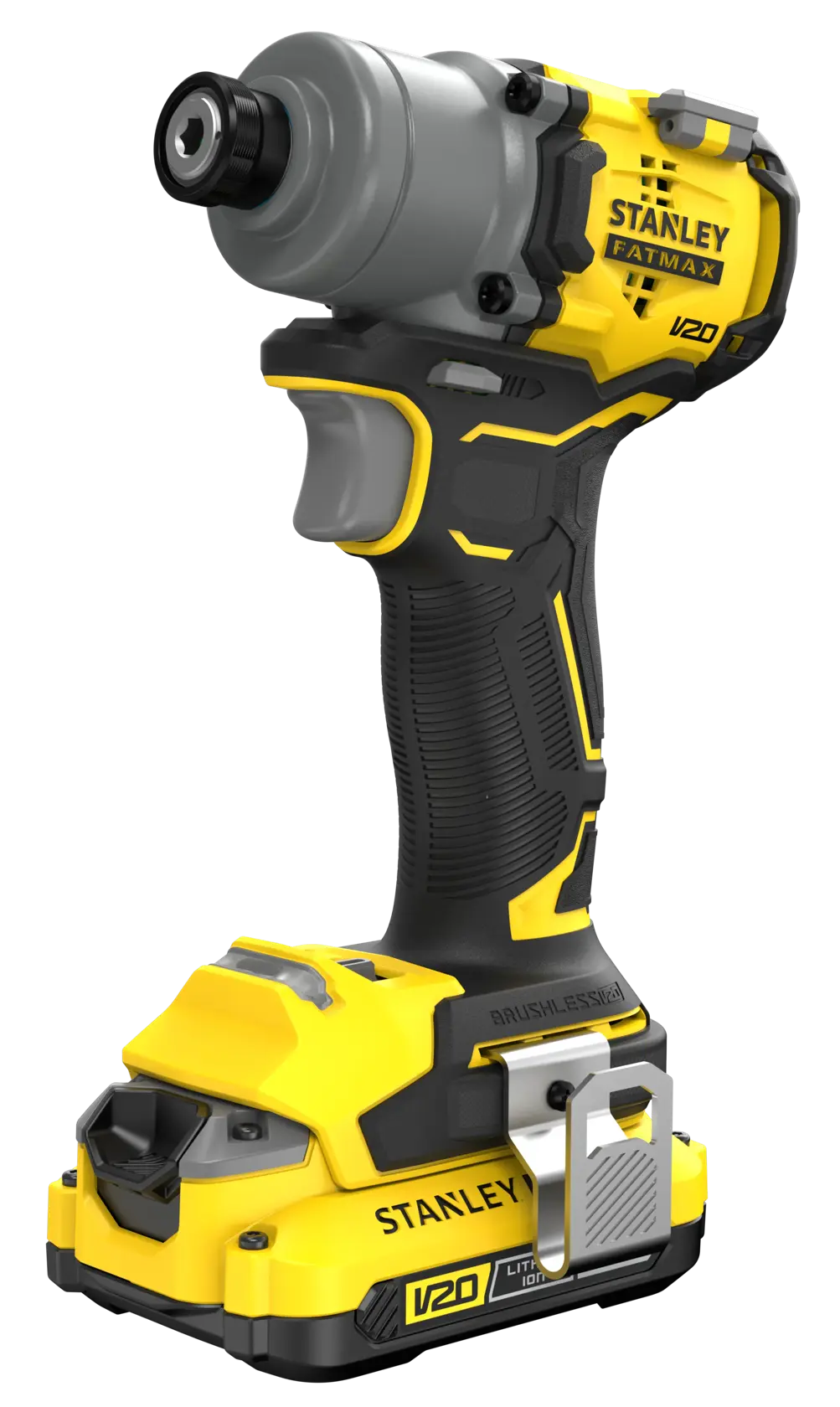 Vissageuse à chocs sans fil Stanley SFMCF830D2K, outil électroportatif brushless jaune et noir, vue de face en angle.