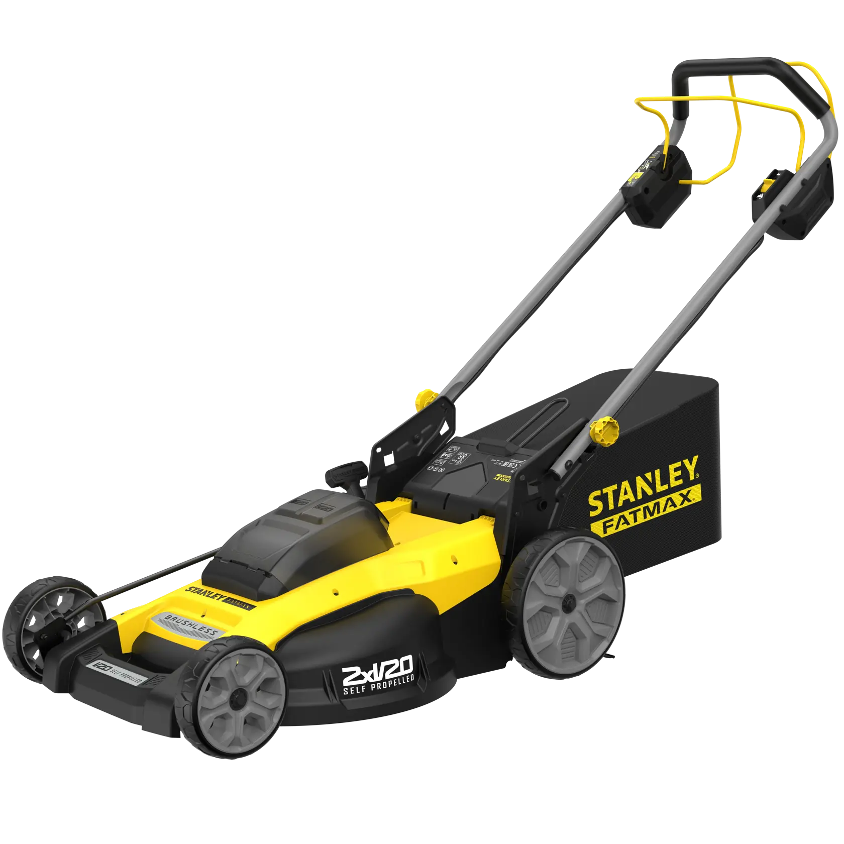 Tondeuse sans fil STANLEY SFMCMWS251M noir et jaune, vue latérale, avec bac de ramassage d’herbe.