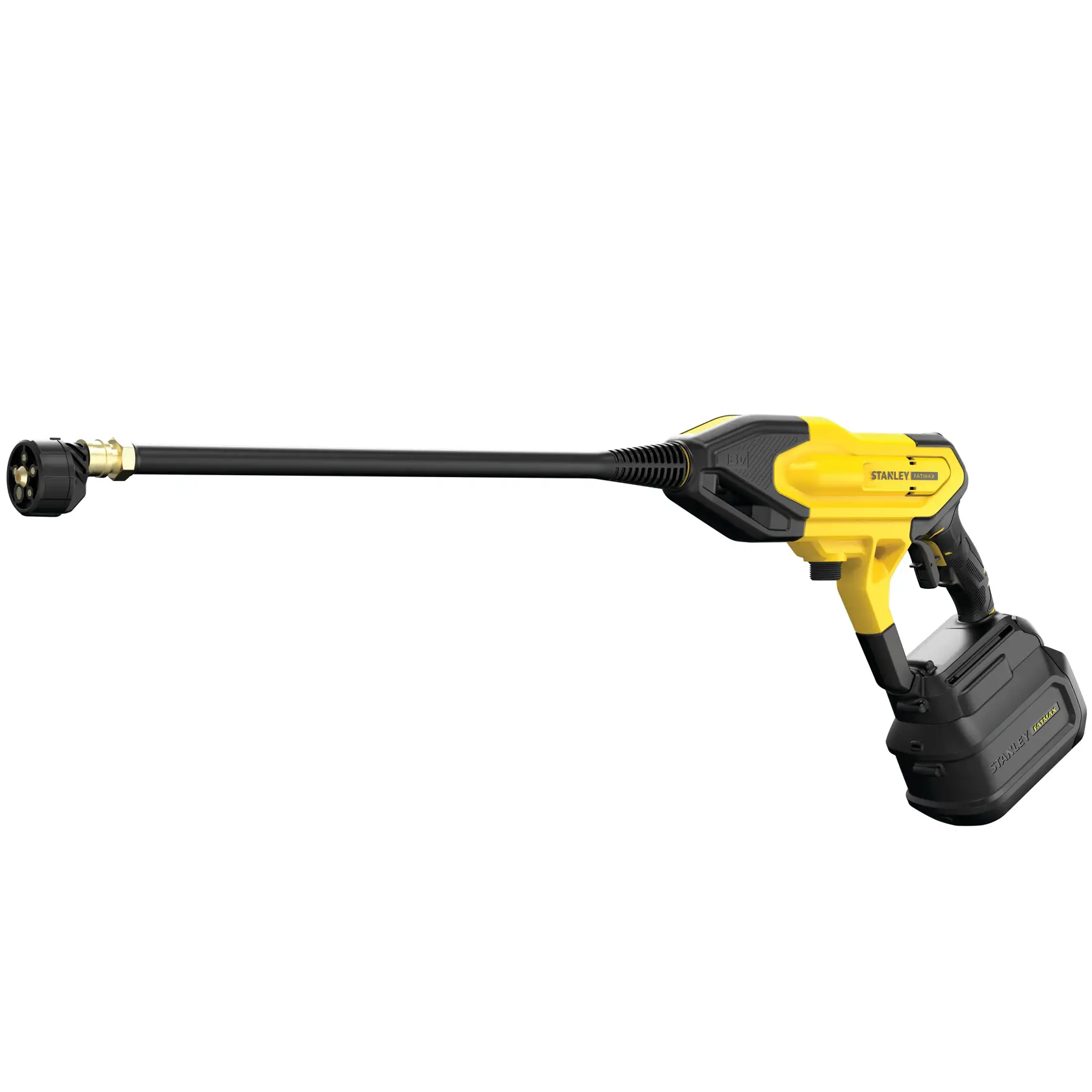 Nettoyeur haute pression sans fil Stanley, design jaune et noir, avec long embout.
