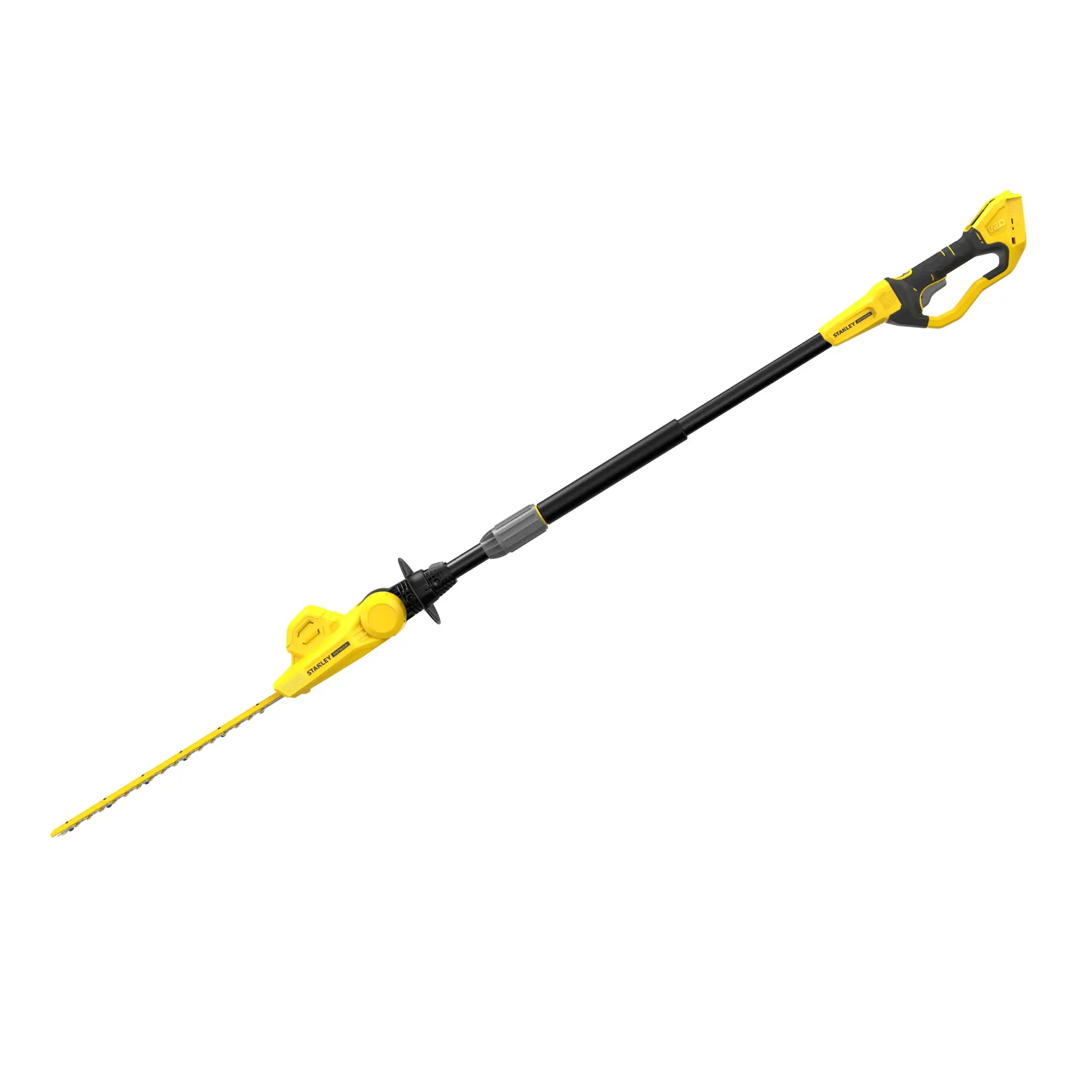 Taille-haie sur perche STANLEY SFMCPH845B, jaune et noir, vue latérale sur fond blanc.