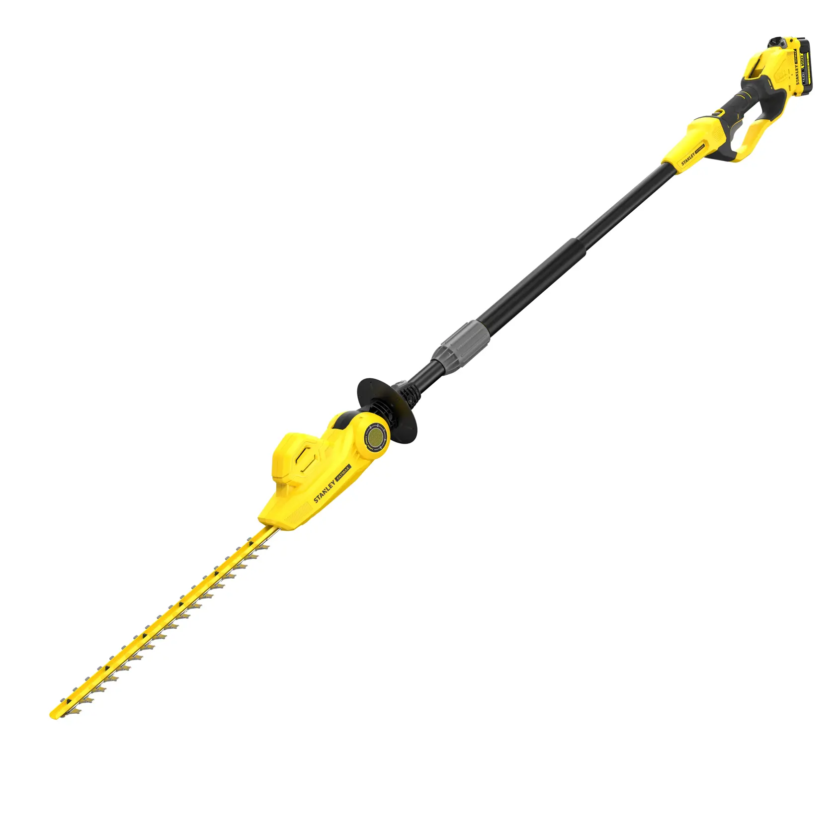 Photo du taille-haie télescopique sans fil jaune STANLEY SFMCPH845M1, vue latérale, manche extensible long.