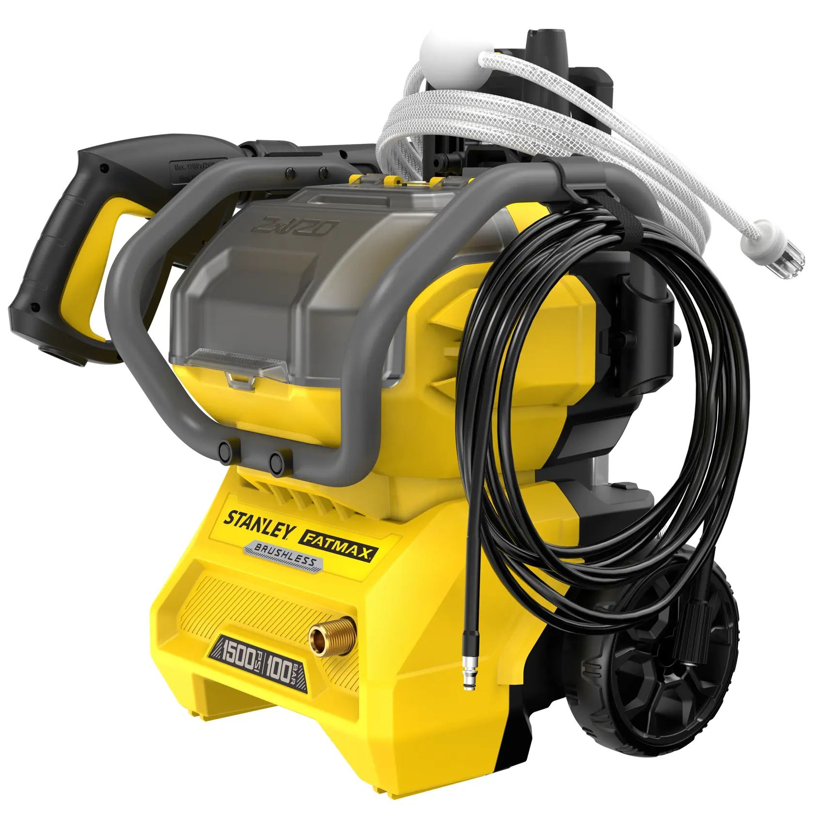 STANLEY SFMCPW1500B nettoyeur haute pression portable jaune, brushless, vue avant avec tuyau enroulé et poignée.