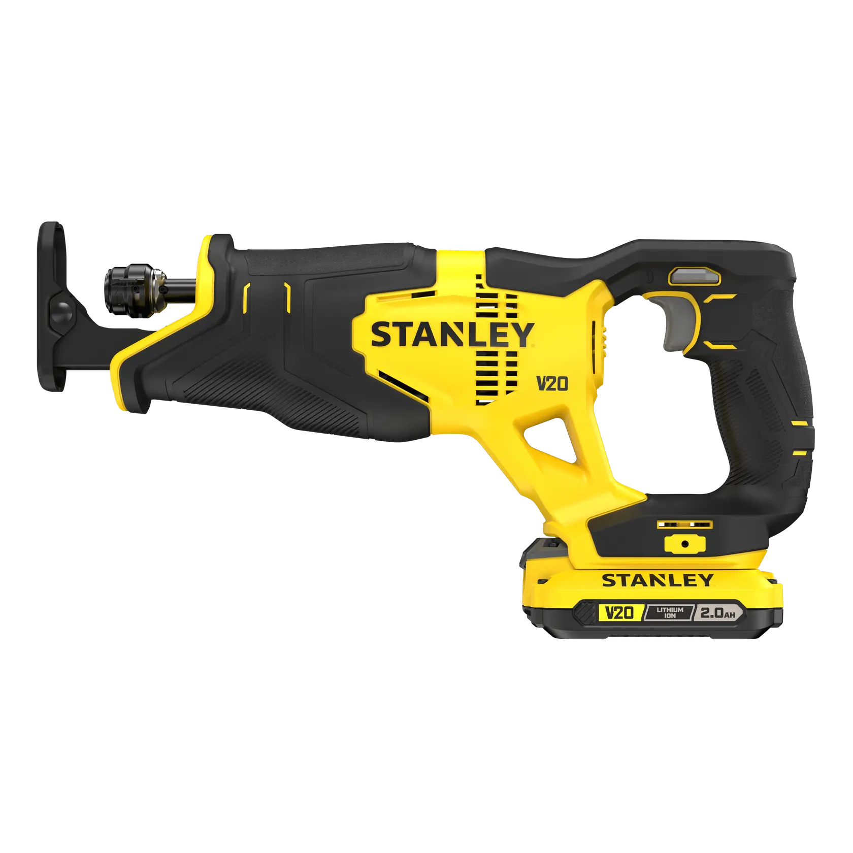 STANLEY SFMCS300D2K scie réciproque sans fil, jaune et noir, vue latérale sur fond blanc.