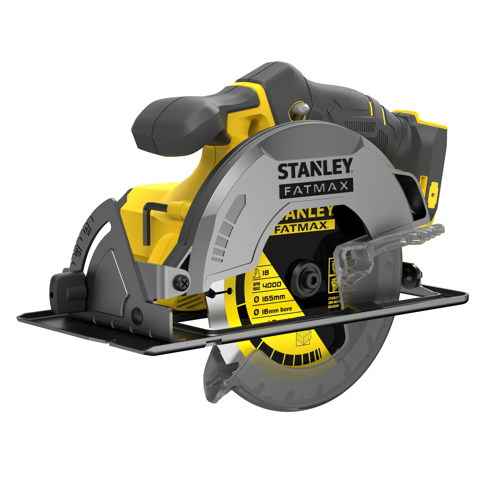 STANLEY SFMCS500B FATMAX scie circulaire sans fil, angle gauche, outil jaune et noir avec lame et poignée visibles.