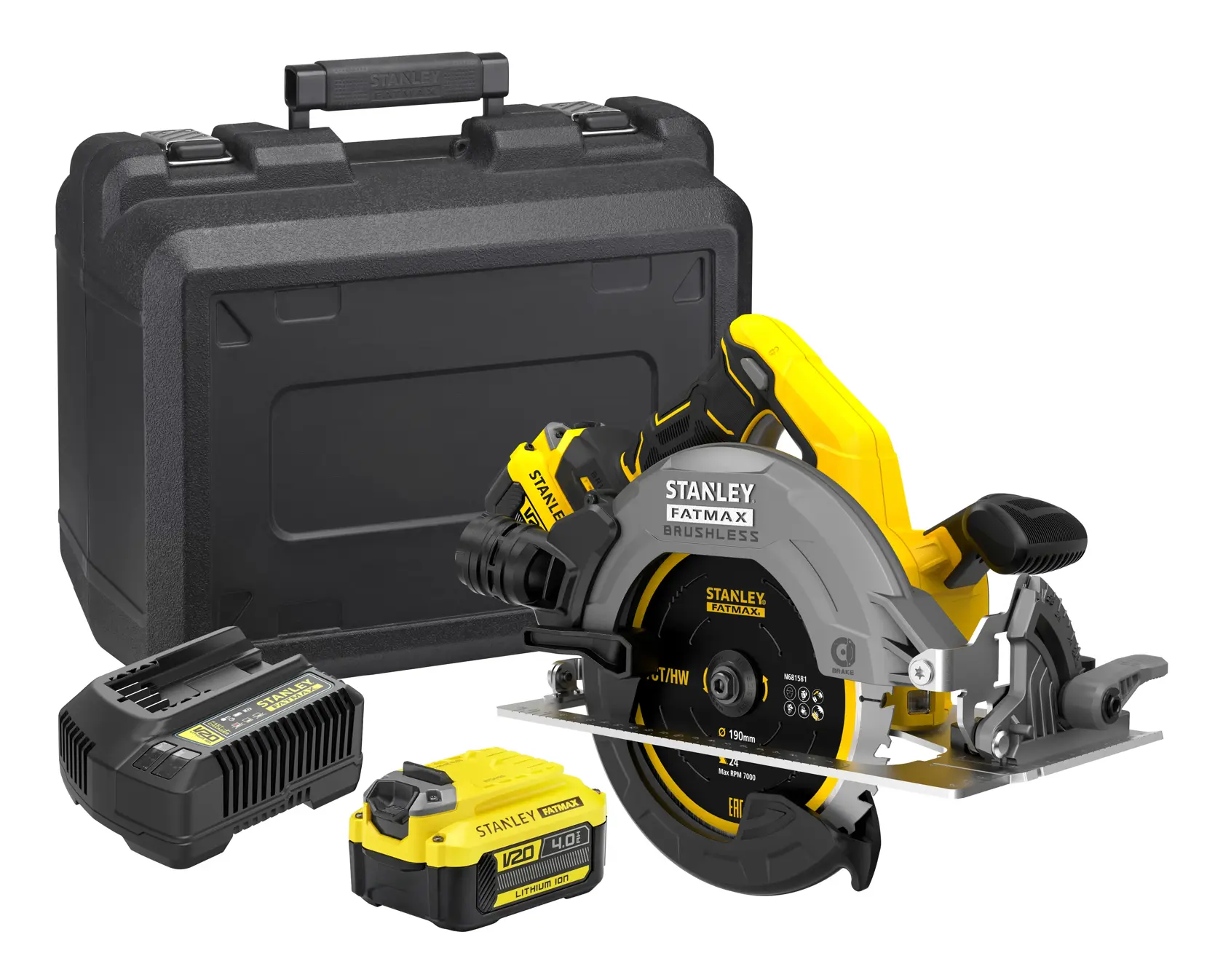 Scie circulaire sans fil STANLEY SFMCS500M2K, jaune et noire, vue de face, avec protège-lame et batterie V20.