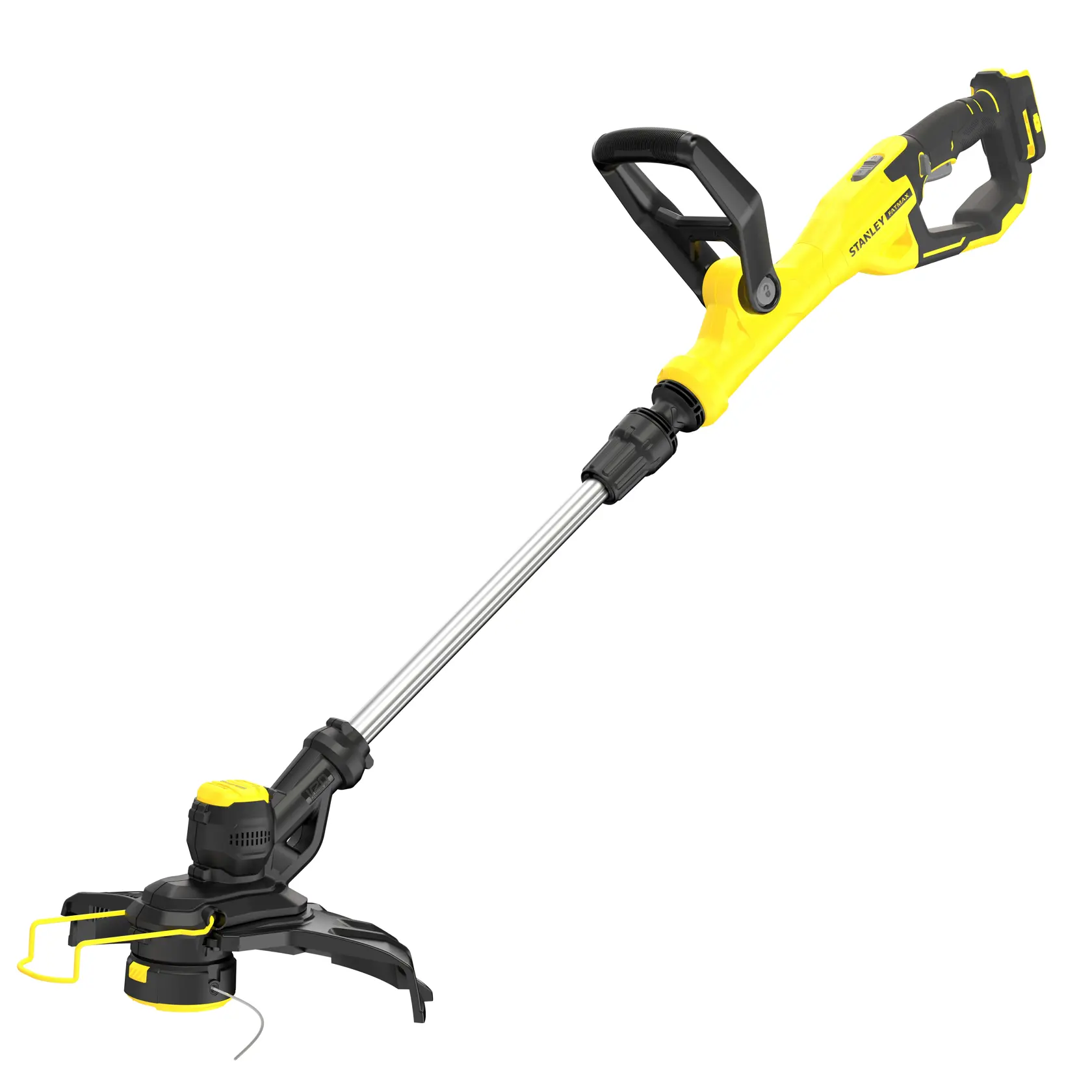 Coupe-herbe sans fil Stanley, design jaune et noir, poignée réglable et axe en métal.