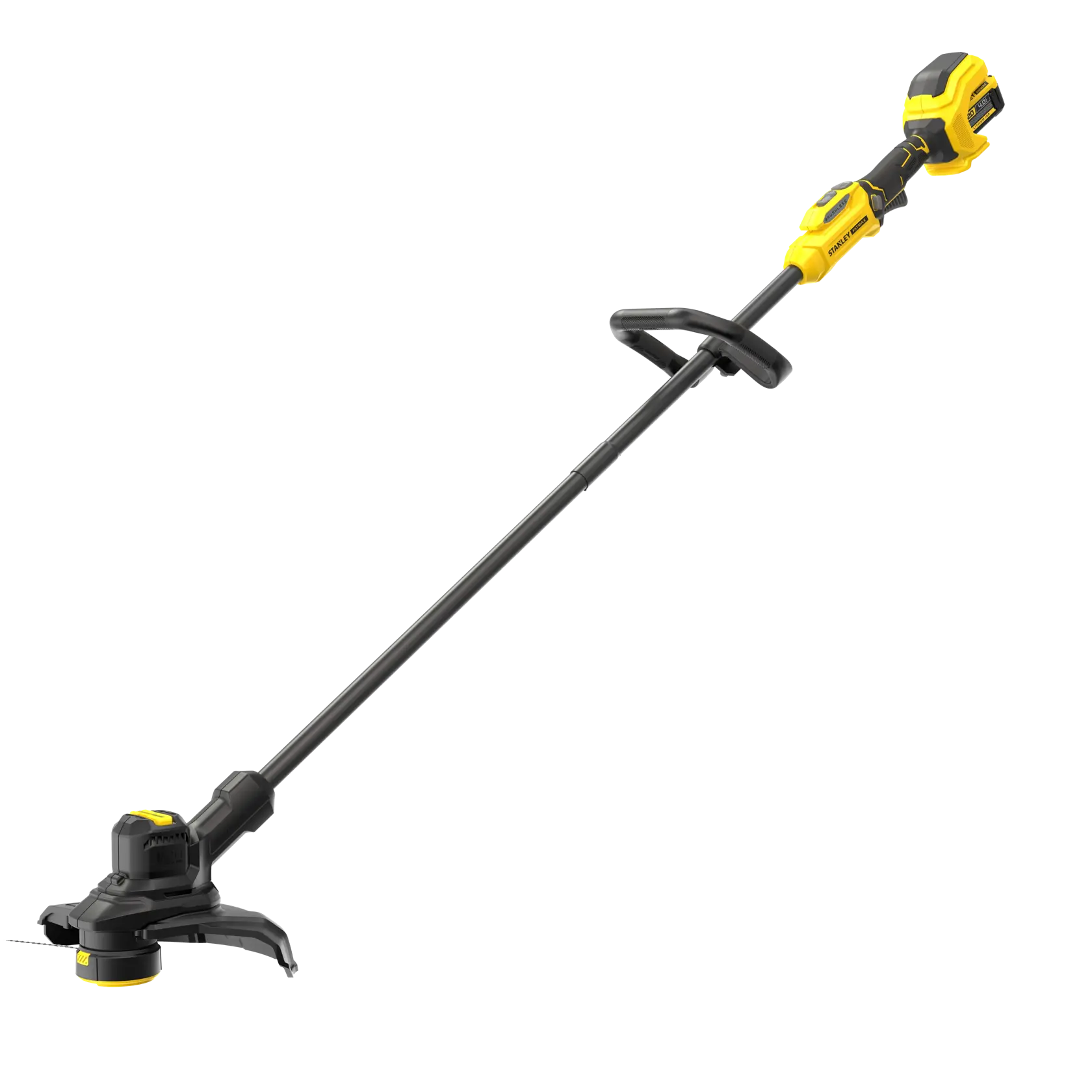 STANLEY SFMSTB930M coupe-bordures sans fil, noir et jaune, vue latérale, outil de jardinage sur fond blanc.