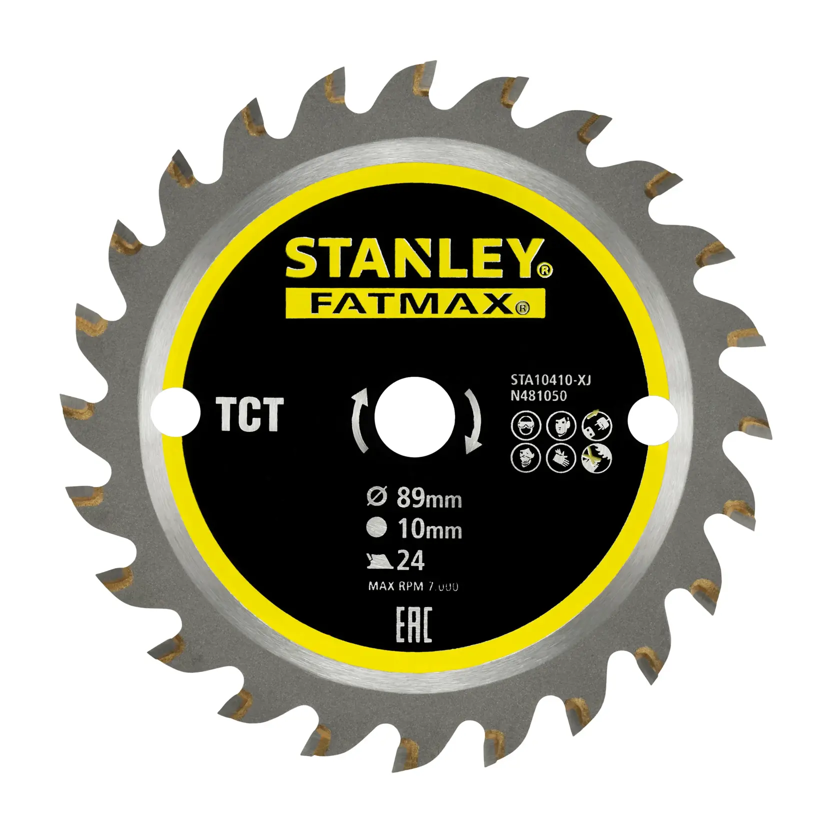 STANLEY STA10410 Kreissägeblatt, FATMAX Serie, 89mm Durchmesser, 24 Zähne, Vorderansicht auf weißem Hintergrund.