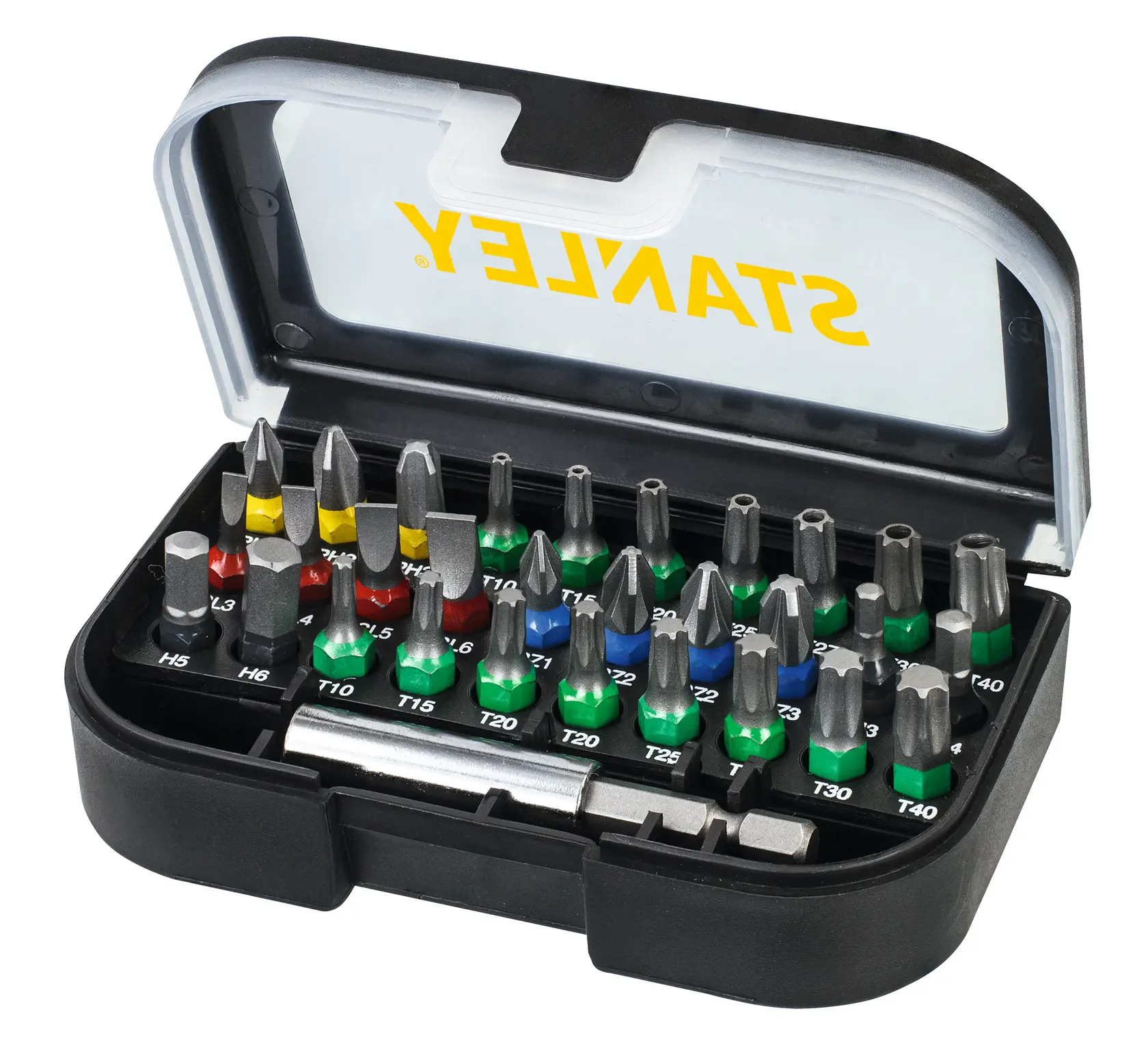 STANLEY STA60490 coffret à embouts dans boîtier noir, embouts colorés, photo en angle avec couvercle ouvert.