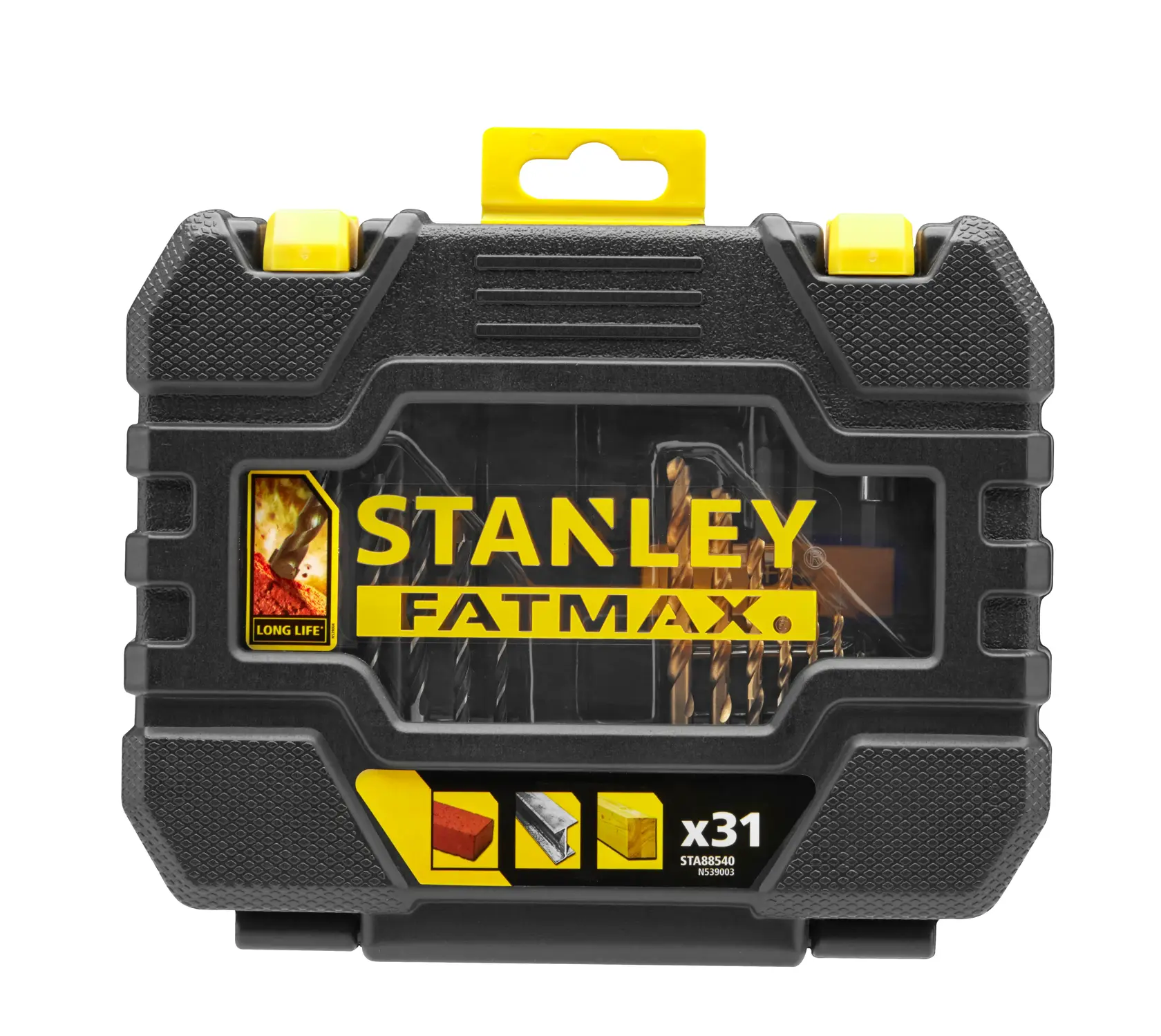 Set de 31 forets Stanley FatMax dans une mallette rigide noire et jaune.