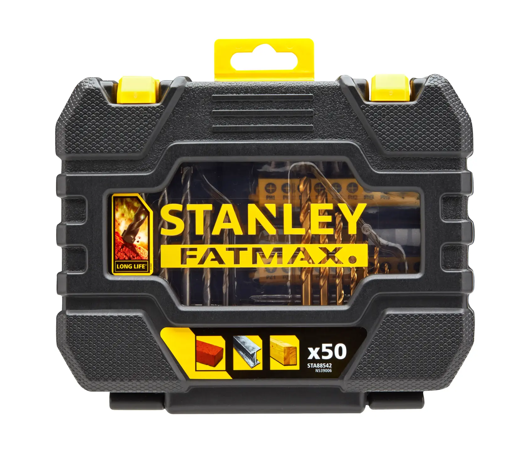 Set de forets Stanley Fatmax en boîte rigide noire et jaune, 50 pièces pour divers matériaux.